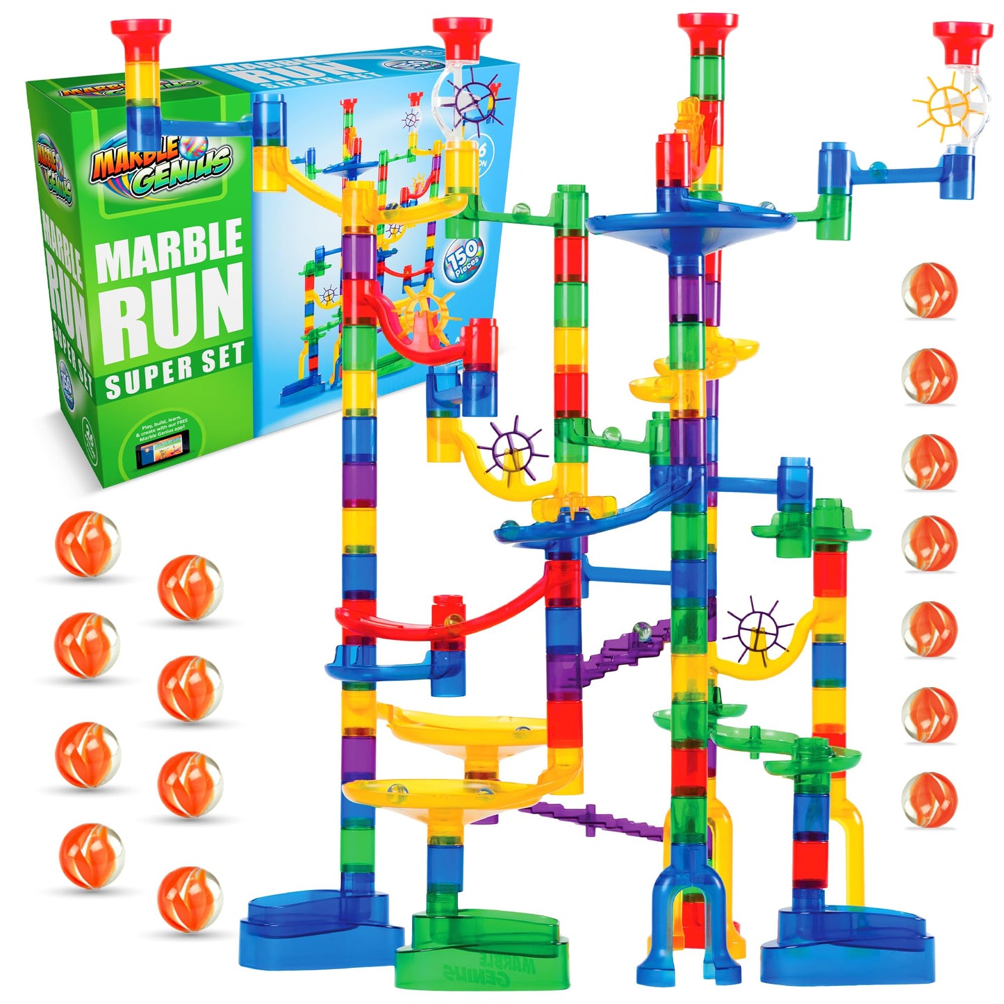 Marble Genius Marble Run - 150 Complete Pieces Maze Track Easter Toys for Adults, Teens, Toddlers & Kids Aged 4-8 Years Old, (85 Translucent Marbulous Pieces + 65 Glass-Marble Set), Super Set