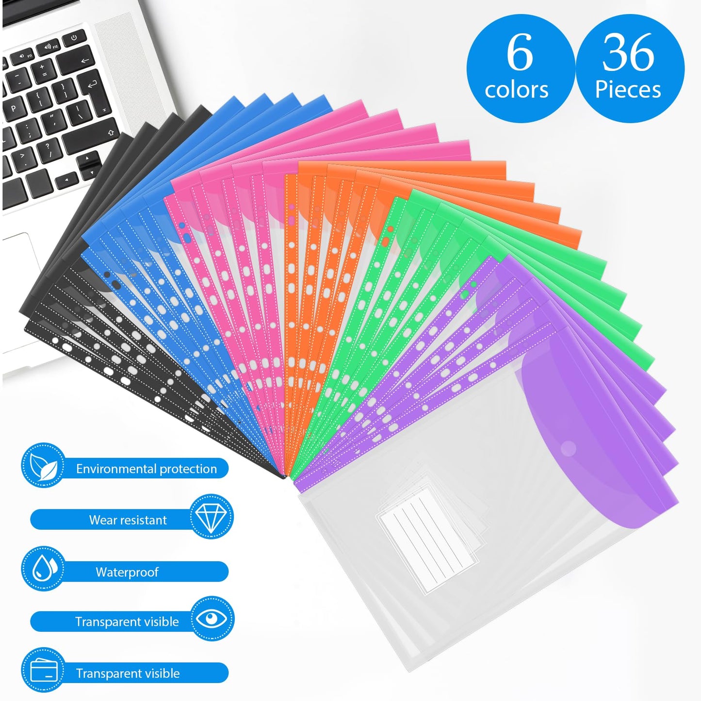 36 Pack Binder Folders with Pockets 11 Holes Expandable Dividers for 2/3/4 Ring Document Pouch with Velcro Button & Label Loose-Leaf Transparent Binder Organizer for School Home Office