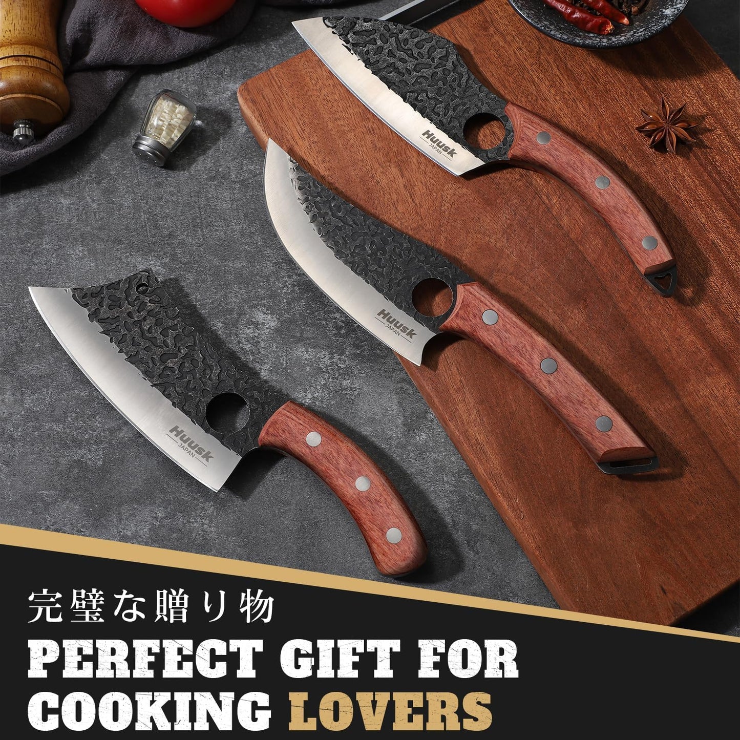 Huusk Butcher Knife Set of 3- Japanese Knife Set for Meat Cutting, Hand Forged Viking Knives Sets with Meat Cleaver, Heavy-Duty Kitchen Knives Sets for Bone BBQ Vegetable, Gift Idea for Men & Women