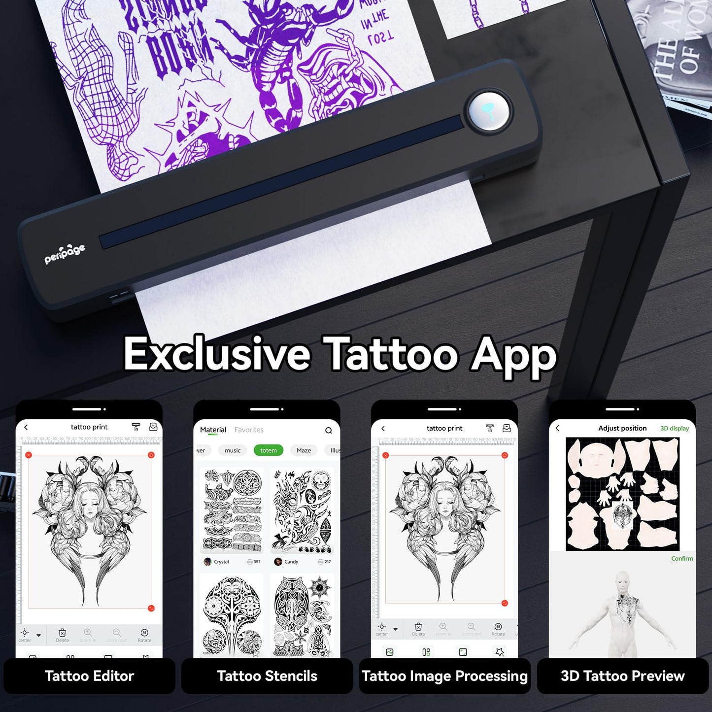 PeriPage P91 Tattoo Printer with Tattoo Stencil Paper,Wireless Thermal Tattoo Printers Compatible with Phone,Pad & PC