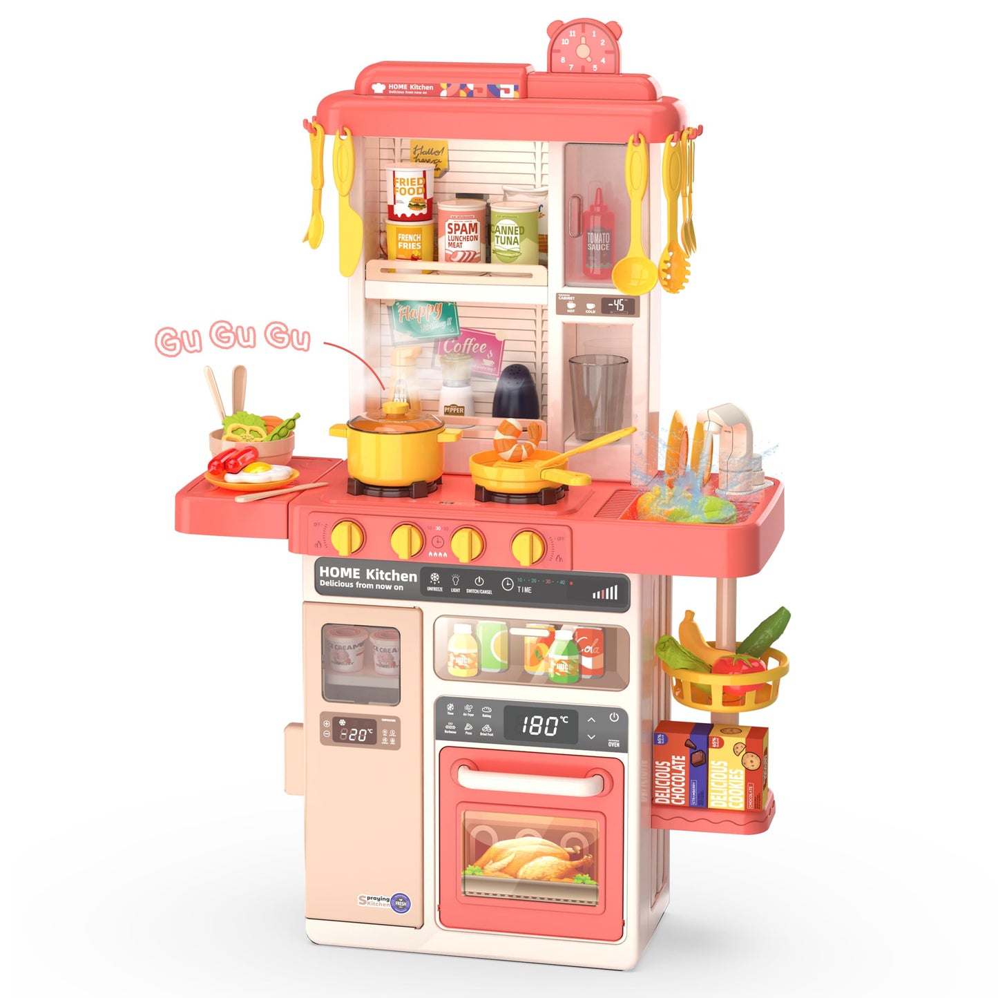 Kids Kitchen Play Set，Interactive Kids Kitchen Play Set with 50Pcs of Pretend Kitchen Toys，Realistic Sound Effects，and Simulated Functionality - Suitable for Toddlers Aged 3-5 Years(Pink)