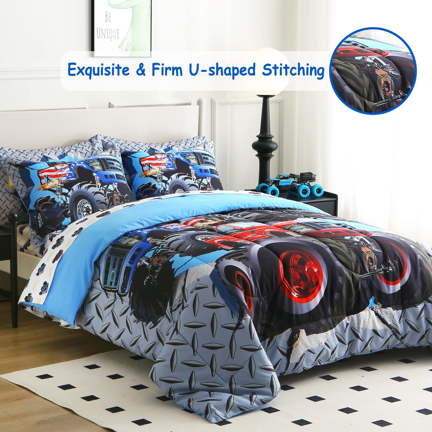 lasoftan Kids' Monster Truck Twin Comforter Set, 5-Piece Soft Fluffy Bed-in-a-Bag with Comforter, Fitted Sheet, Flat Sheet, Pillowcase, Pillow Sham, Deep Pocket 15", All-Season, Monster Jam, Twin