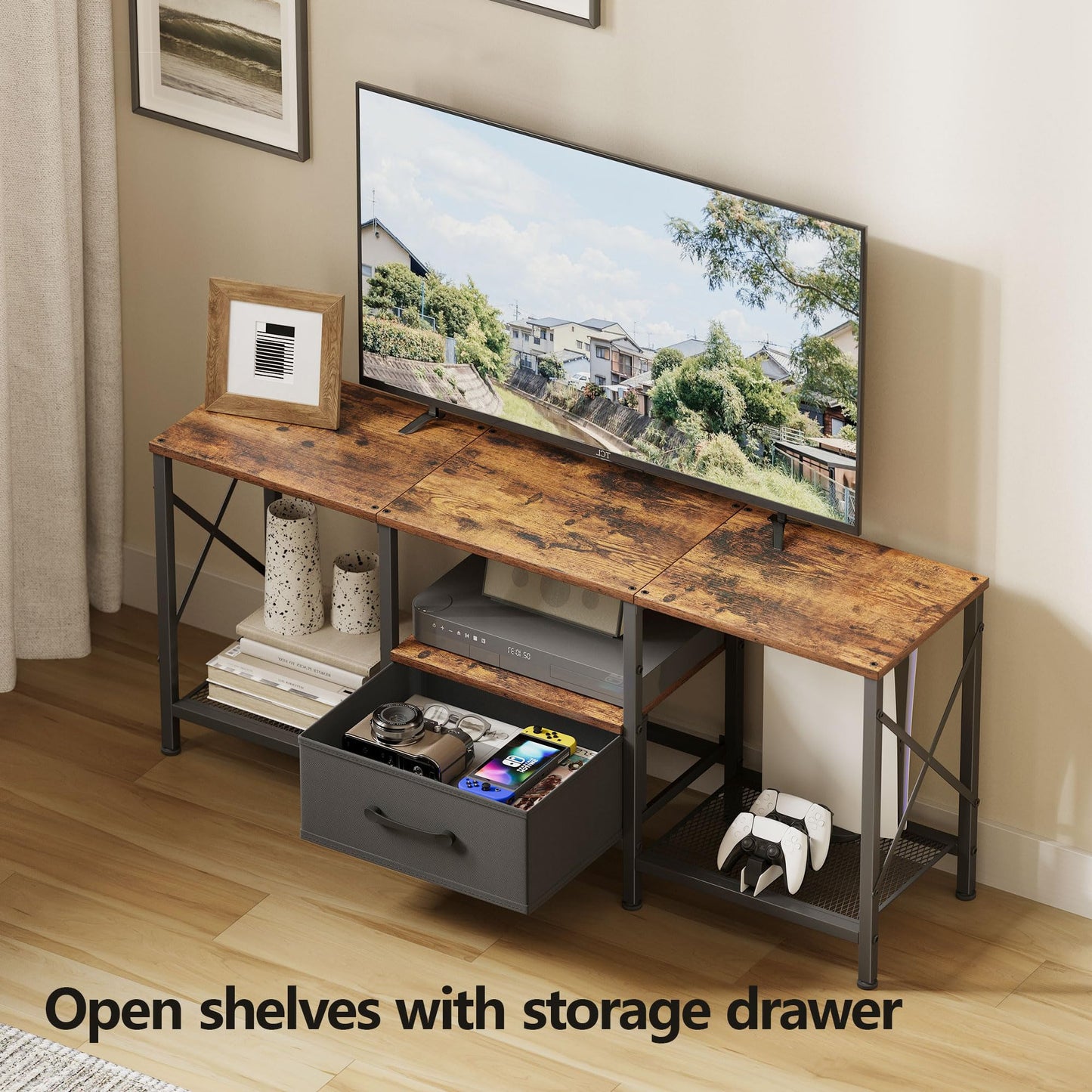 JARHETUN TV Stand with Fabric Drawer, Entertainment Center for 50 55 Inch TV, Industrial TV Console Table with Open Storage Shelves for Living Room, Bedroom, Rustic Brown