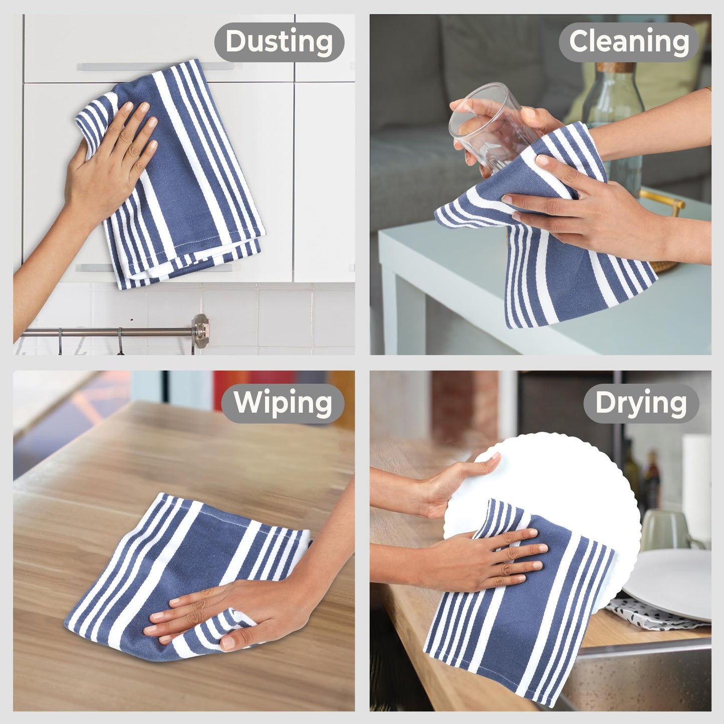 Urban Villa Kitchen Towels 100% Cotton Pack of 6, Highly Absorbent Quick Drying Super Soft Premium Dish Towels for Kitchen with Hanging Loop Hand & Tea Towels - 20x30 Inch, (Blue & White, Striped)