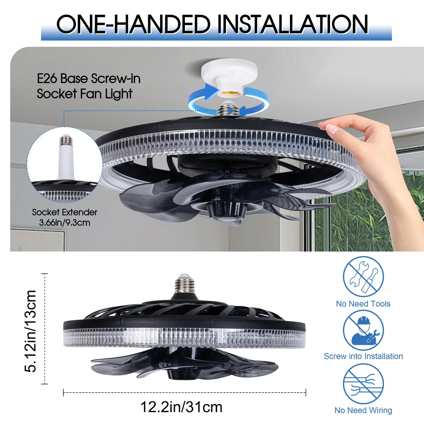 Socket Ceiling Fan Light,Bulb Socket Fan with Remote,Dimmable E26 Base Ceiling Fans with Lights for Bedroom,Screw in Fan and Light Combo,Mini Small Ceiling Fan with Light,Recessed Light Fan Lamp