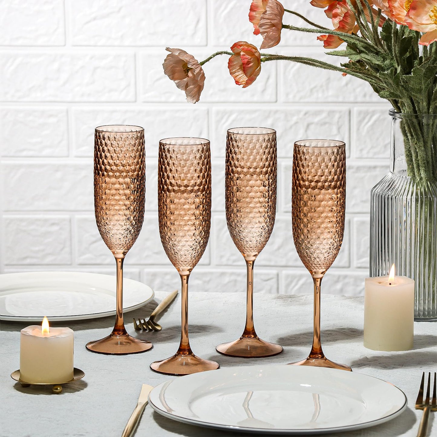 24 Pack Plastic Champagne Flutes Rose gold Champagne Glasses Unbreakable Wedding Toasting Glasses Diamond Wine Glasses Crystal Clear Party Wine Cups Vintage Drinking Glasses 5.5 OZ for Bridal Shower