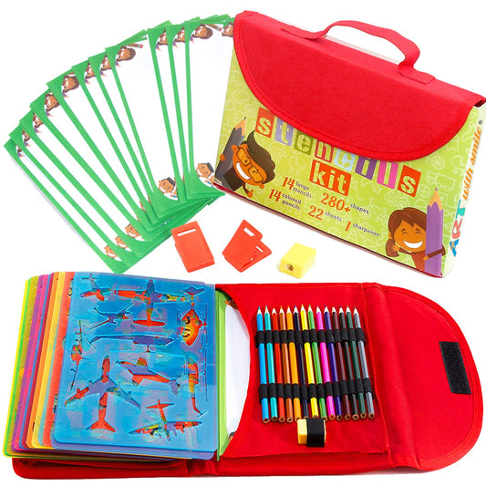 Drawing Stencils for Kids Kit & Carry Case – – Child-Safe, Non-Toxic Stencil Set with 300 Shapes, Colored Pencils, Paper, Etc. – Travel Art Supplies for Creativity, Learning, Fun by Art with Smile