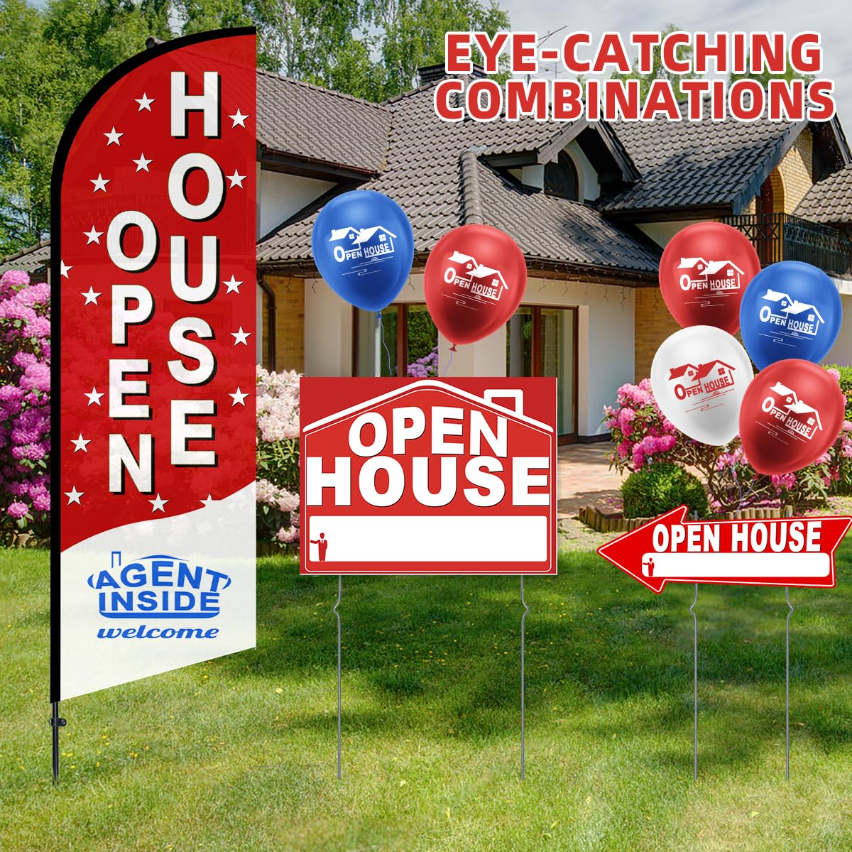 56 Piece Open House Signs for Real Estate Kit, 1 Open House Flag, 9 Double-Sided Estate Sale Arrows and Signs with Metal Stakes, Plus 24 Balloons, Suitable for Real Estate Brokerage Supplies (red)