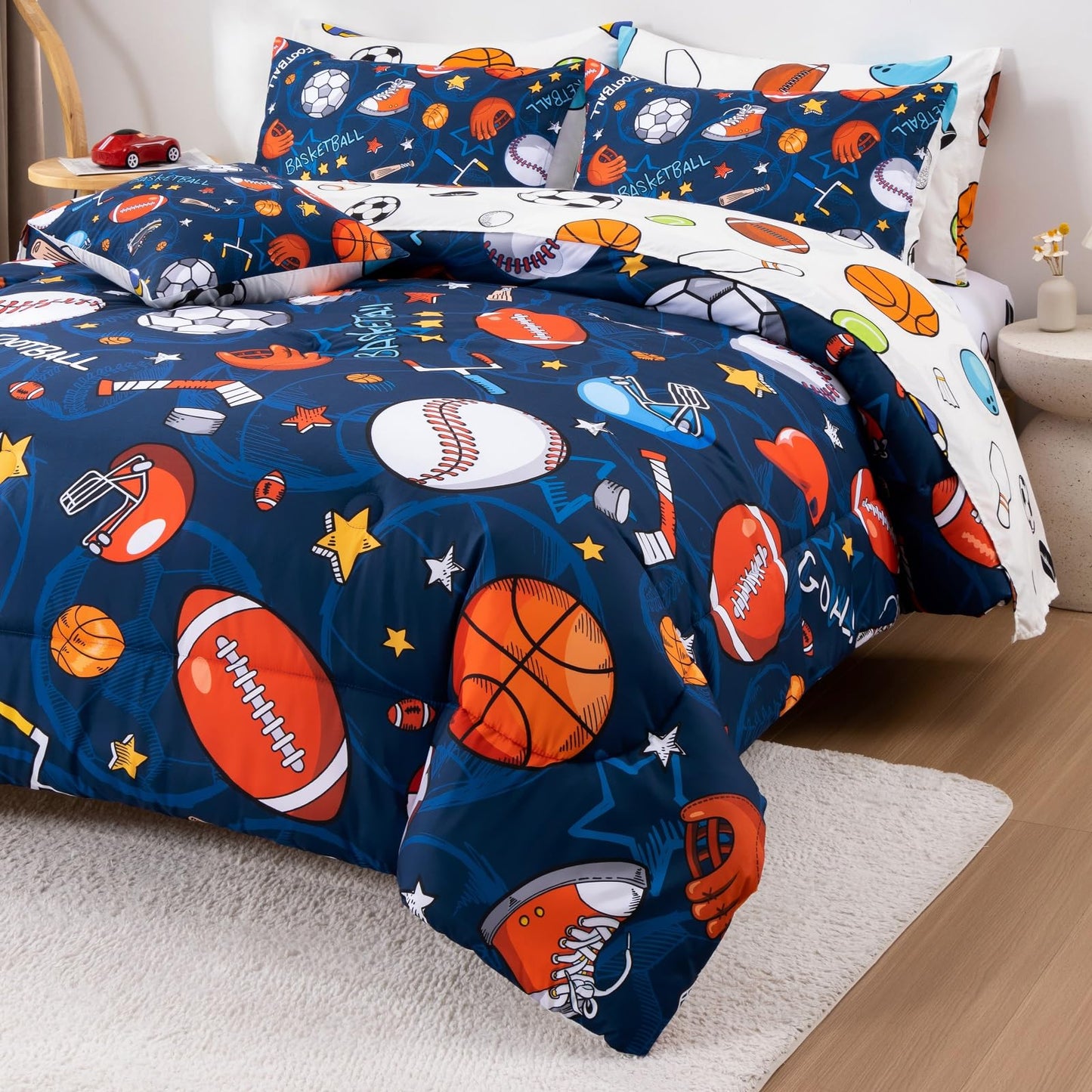 A Nice Night 6Pcs Bed in A Bag Twin Sports Microfiber Modern Comforter Set,Navy Rugby Ball Printed Bedding Collections,for Boys Kids Teen