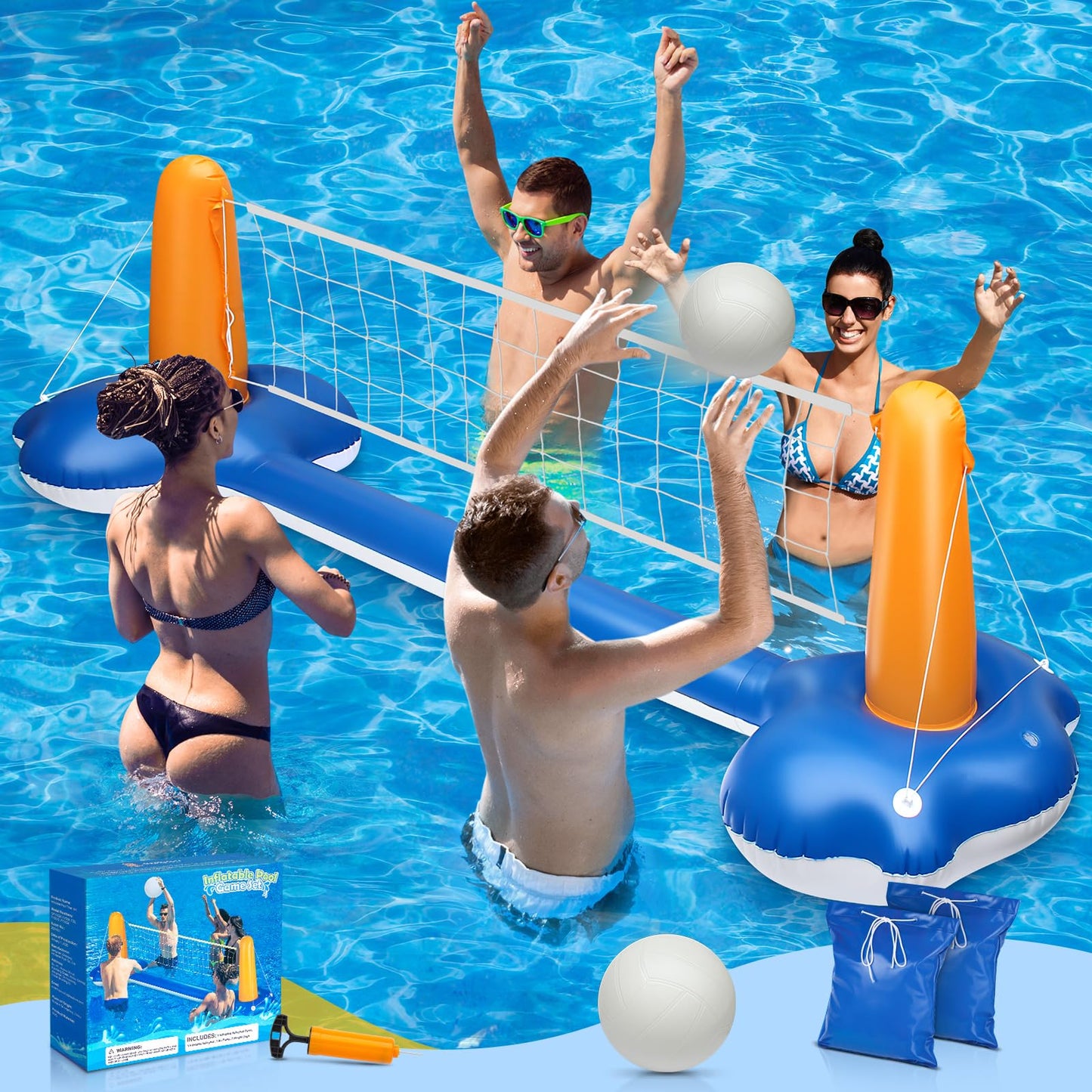 Pool Volleyball Set - 118" Pool Volleyball Net for Inground Includes Upgraded Water Volleyball, Ball Pump & 2 Weight Bags, Pool Games Toys for Adults and Family | 2025 Summer Pool Floaties Party Gift