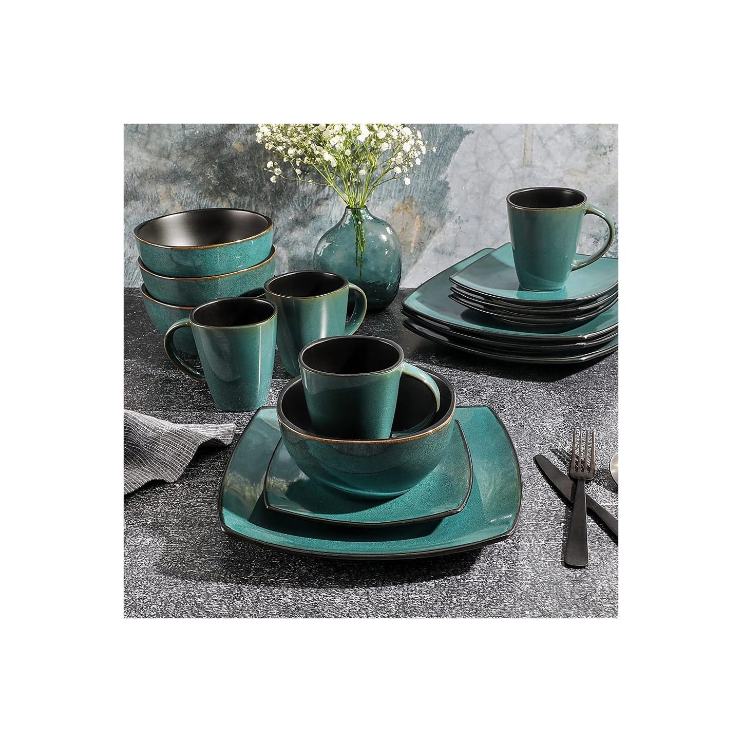 Gibson Elite Soho Lounge 16 Piece Reactive Glaze Dinnerware Set, Soft Square, Teal Green, Service for 4 (16pc)