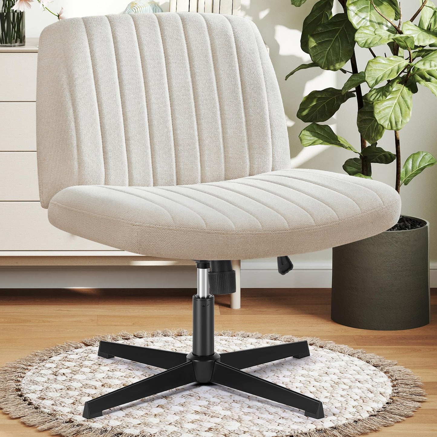 DUMOS Criss Cross Chair No Wheels Legged Office Wide Comfy Desk Vanity Chair, Armless Computer Task Seating, Swivel Home Height Adjustable for Bedroom, Study, Beige Fabric