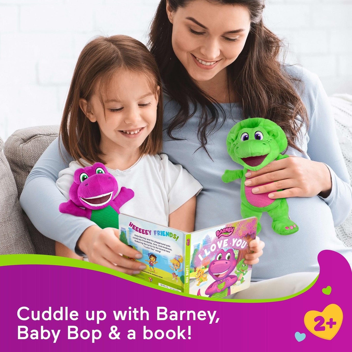 Barney’s World Toddler Toys by Fisher-Price, 9 inch Barney & Baby Bop plushes with Story Book for Cuddling up at Reading time, Kids Ages 2+ Years