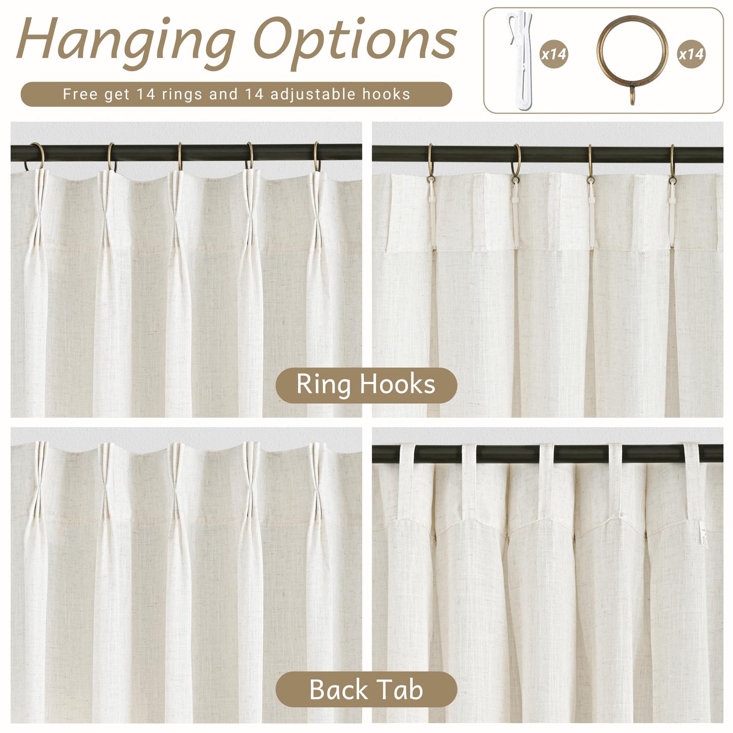 Triple Pinch Pleated 90 inch Long Linen Curtains 2 Panels Set for Living Room Track System Curtains Neutral Modern Farmhouse Light Filtering Semi Sheer Linen Blend Pinch Pleat Drapes 90 Length Cream