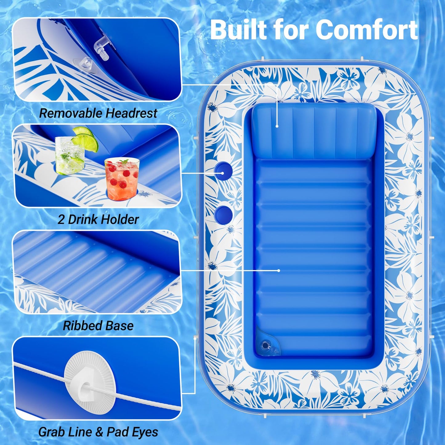 SplashNSpray Pool Floats Adult Inflatable Pool Float,70" x 46" Tanning Pool Sunbathing Lounger Floaties with Headrest & Cup Holder