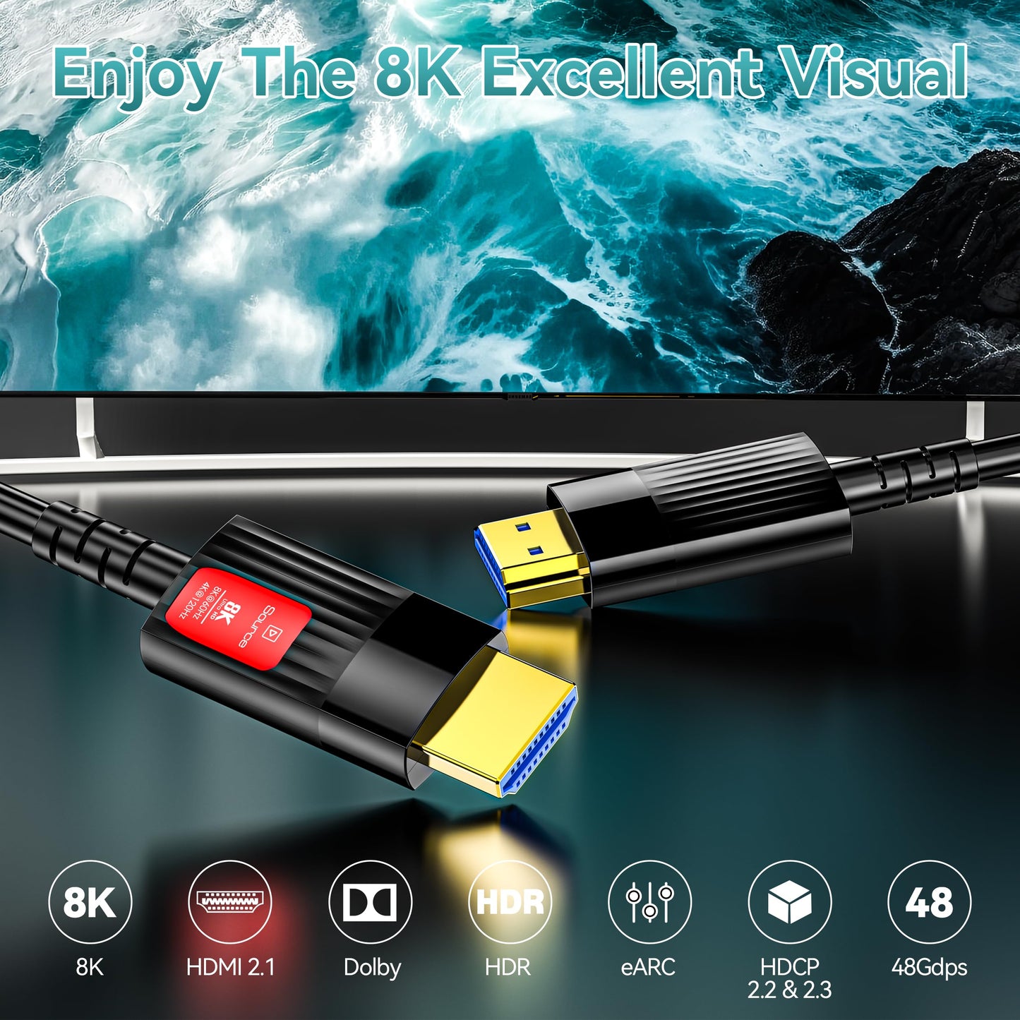 Anehmeta Fiber Optic HDMI Cable 150FT/46M, Long HDMI 2.1 Cable Support 48Gbps High Speed 8K@60Hz 4K@120Hz Dynamic HDR/eARC/HDCP 2.2&2.3/Dolby Atmos for Monitor,TV,Projector, Gaming Console