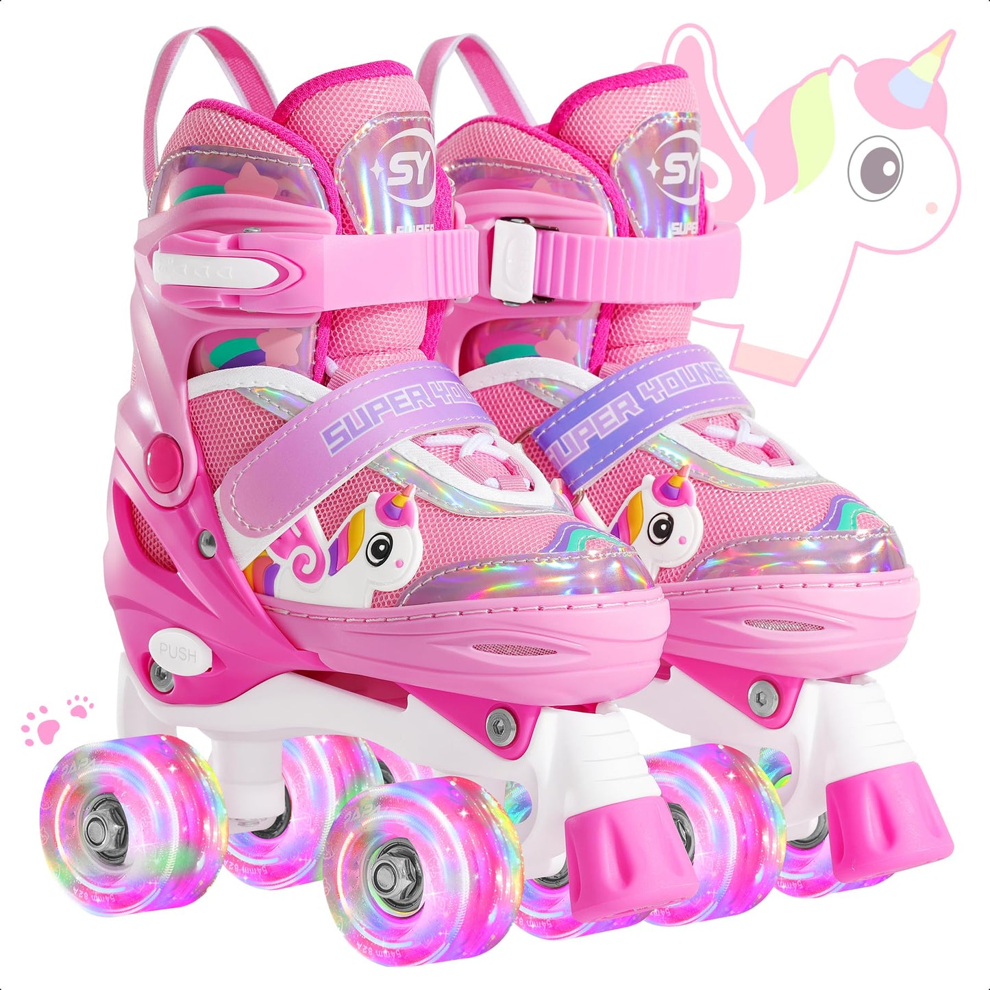 SUPER YOUNGSTER Adjustable Light Up Kids Unicorn Roller Skates for Girls Ages 4-6 5-8 8-12，Toddlers Beginner Cat Roller Skates
