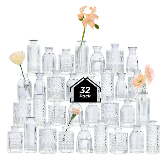 ComSaf Glass Bud Vases Set of 32, Small Clear Bud Vases in Bulk, Mini Flowers Vases for Centerpieces, Vintage Bottle Set for Table Decorations, Wedding Decor, Recepetion, Home, (Clear)