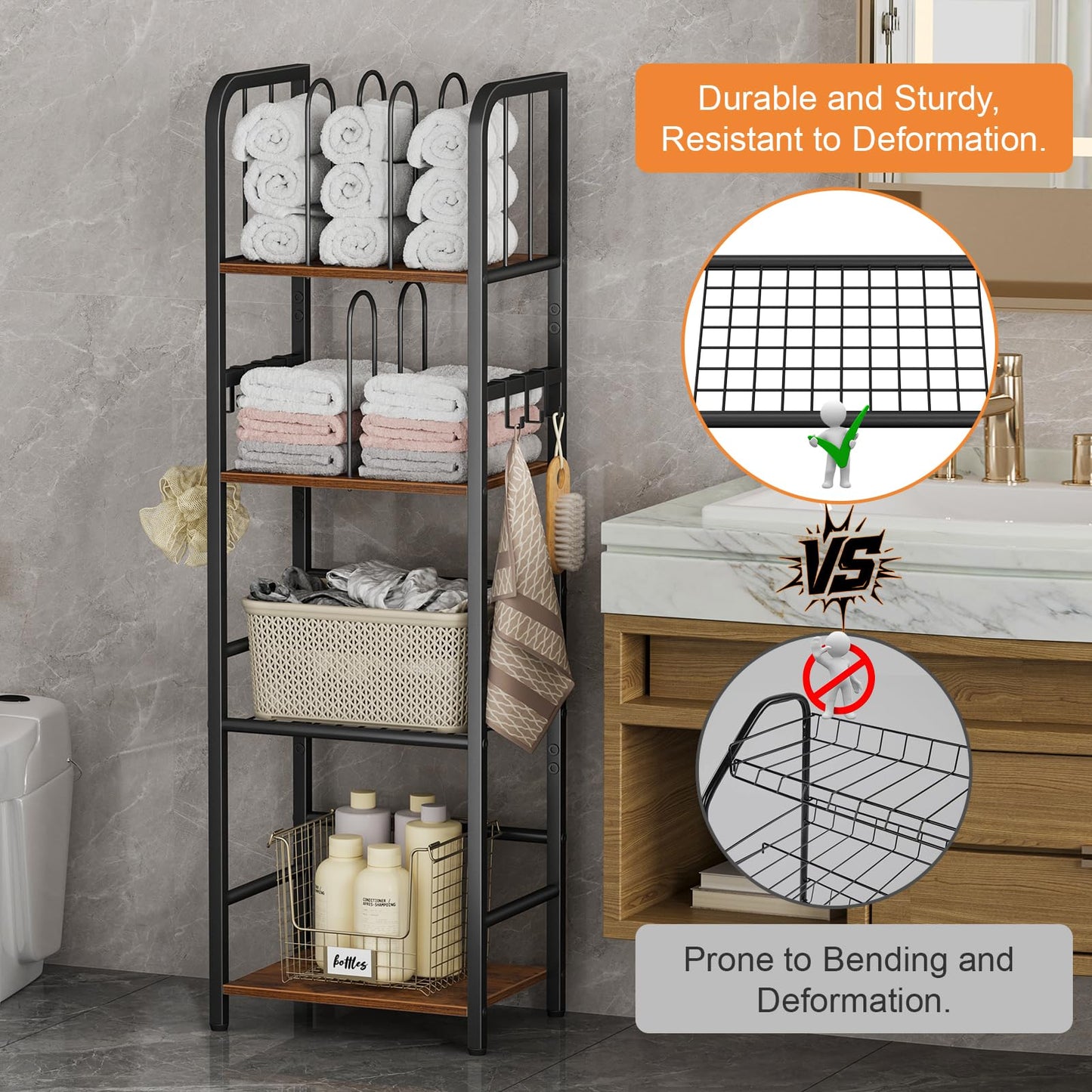 Snughome Towel Rack Free Standing 4-Tier M-Shaped Detachable Dividers, Metal Towel Storage Shelf for Bathroom, Pool Towel Rack Holder, Space-Saving Storage Organizer, Modern Bath Towel Storage Holder