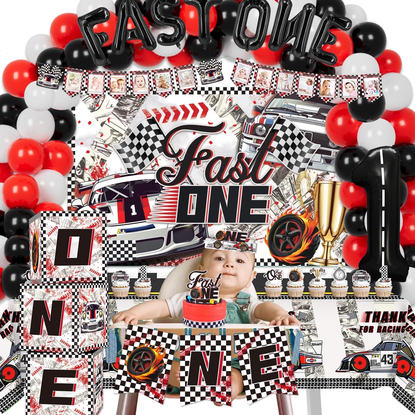 LXlucktim Fast One Birthday Decorations, 125 Pcs Race Car First 1st Birthday Party Supplies for Boys Baby - Banner, Cake Toppers, Balloons, Tablecloth, Centerpieces, Crown, Poster, Baby Boxes