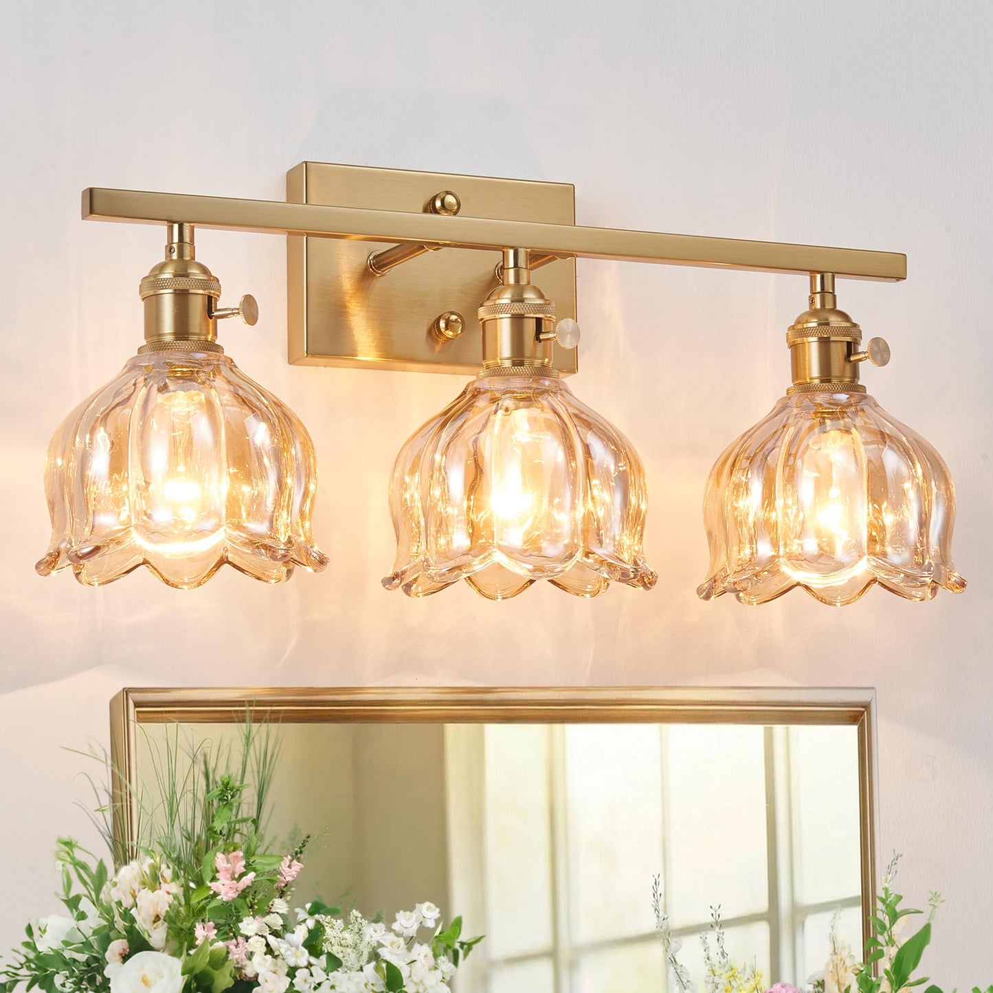3-Light Amber Tulip Glass Vanity Light, Brushed Gold Vintage Bathroom Wall Sconce, 19.4" Antique Brass Hardwired Wall Lamp for Mirror, Powder Room, Bedroom (Individual Switches, Bulbs Not Included)