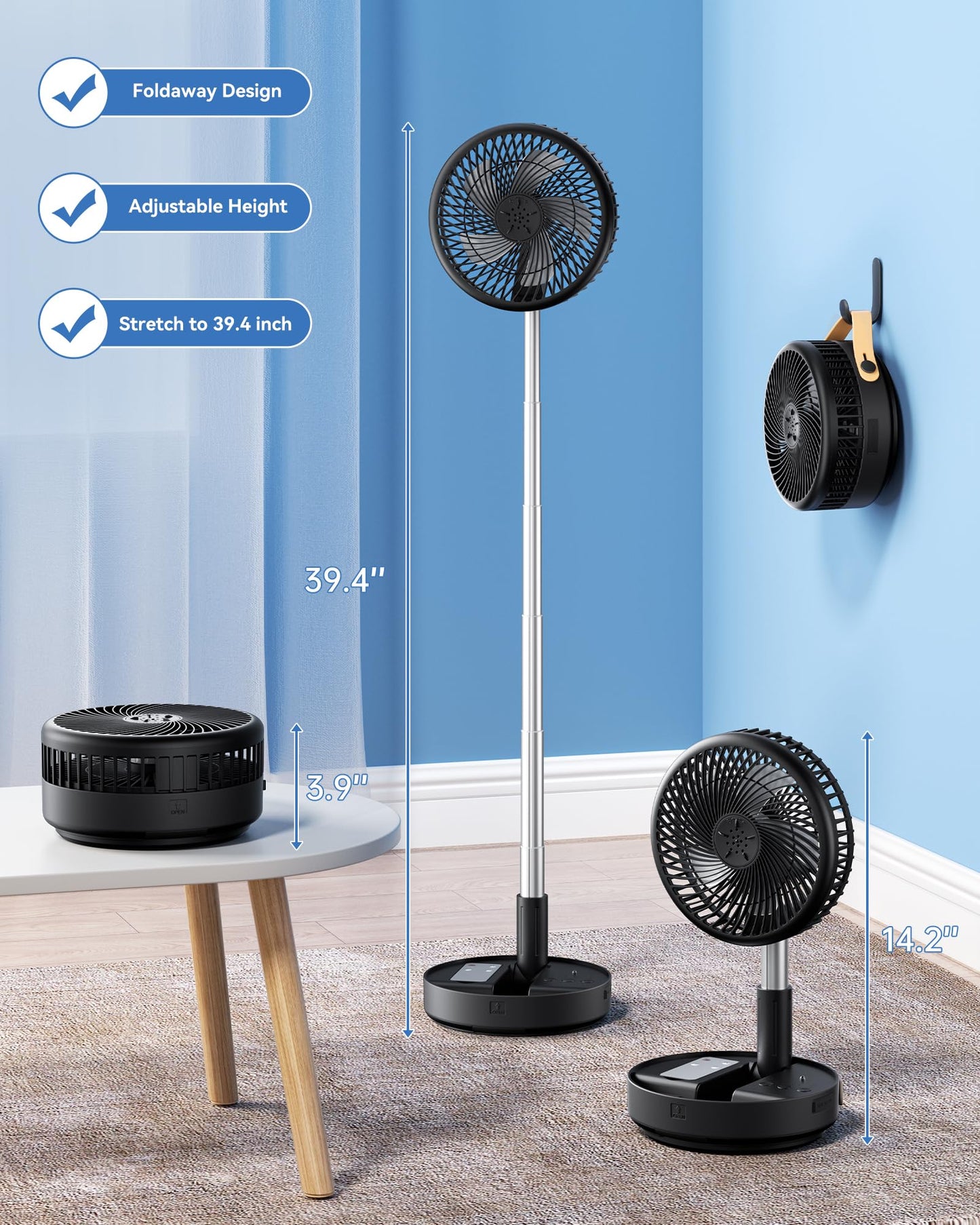 Primelove Portable Oscillating Travel Fan, 10400mAh Battery Operated Rechargeable USB Floor Table Desk Fan with Remote, 4 Speed Settings Pedestal Fan for Home Bedroom Office Camping, Black 8"