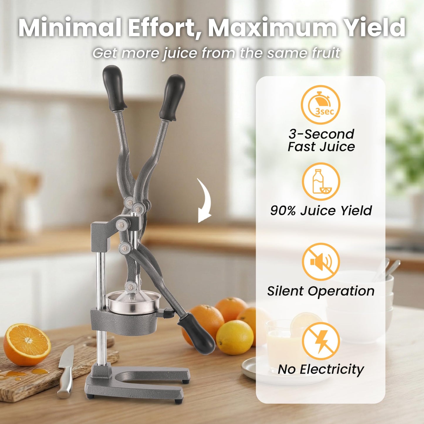 Zeluna Cast Iron Juicer Manual Hand Press Squeezer for Citrus & Pomegranate – Easy to Clean Metal Juice Press with Stainless Steel Bowl, Ideal for Home Cooks, Health Enthusiasts, and Bartenders