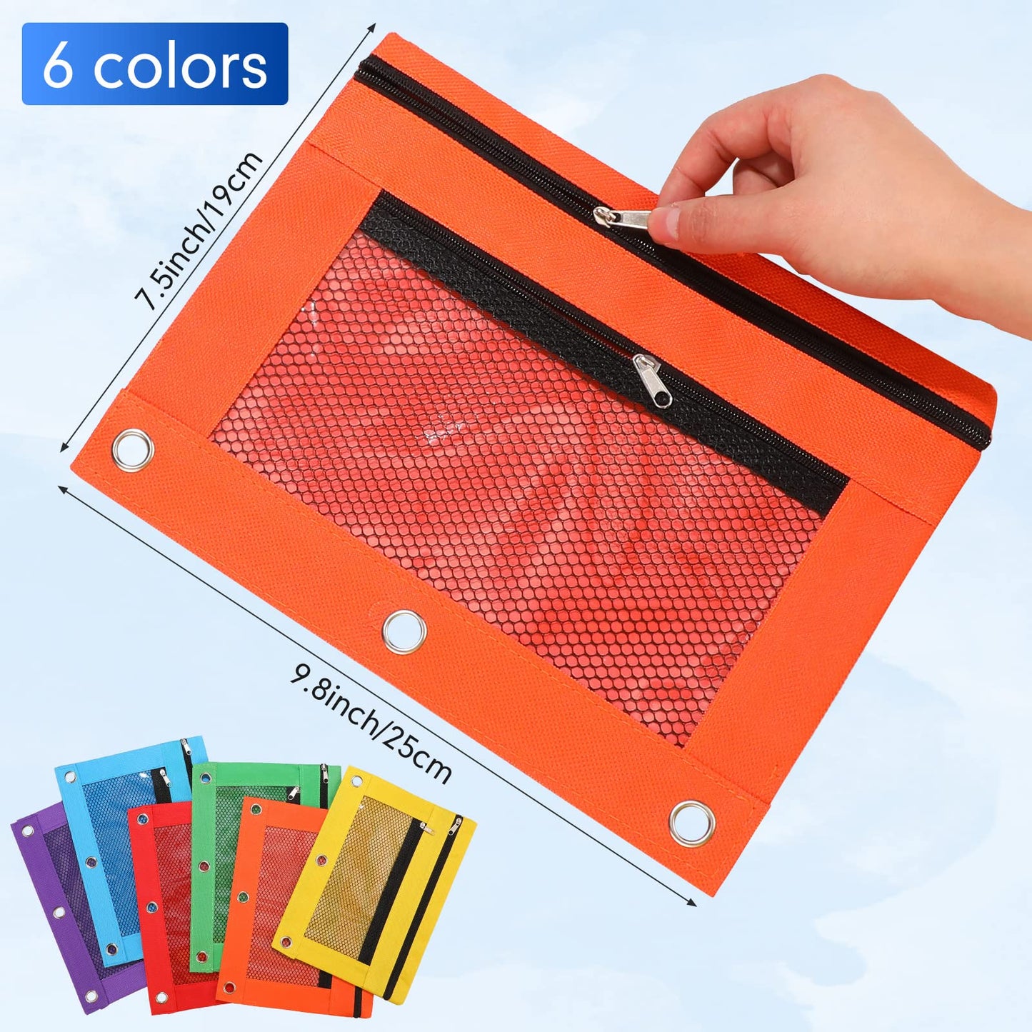 Leelosp 48 Pack Pencil Pouch for 3 Ring Binder Mesh Zipper Pencil Case Bags Binder Pouches Bulk for School Writing Utensils Storage Supplies (Red,Orange,Yellow,Green,Aqua,Purple)