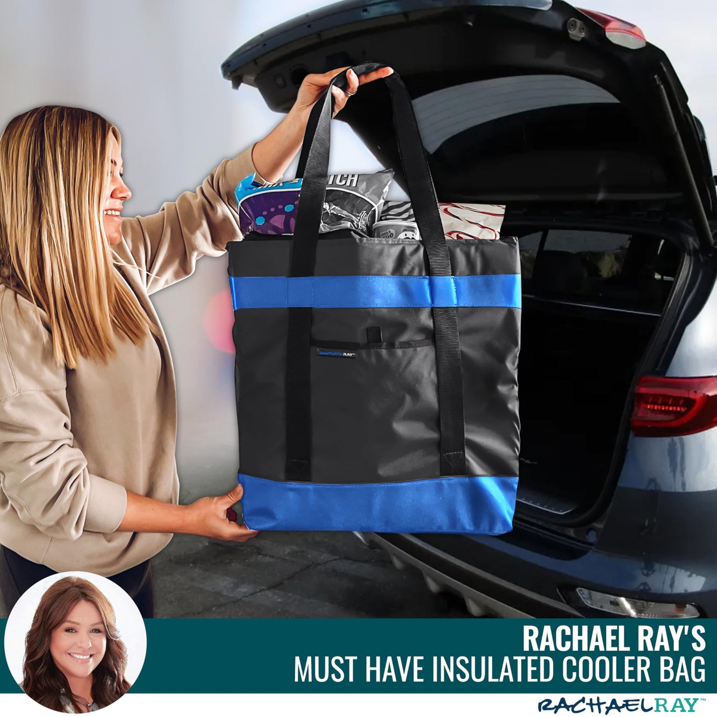 Rachael Ray Jumbo Chillout Thermal Tote, Insulated Soft Sided Cooler Bag, Foldable Reusable and Leak Proof Food Grocery Bag, Portable Travel Cooler, Hot or Cold Carrier, Black