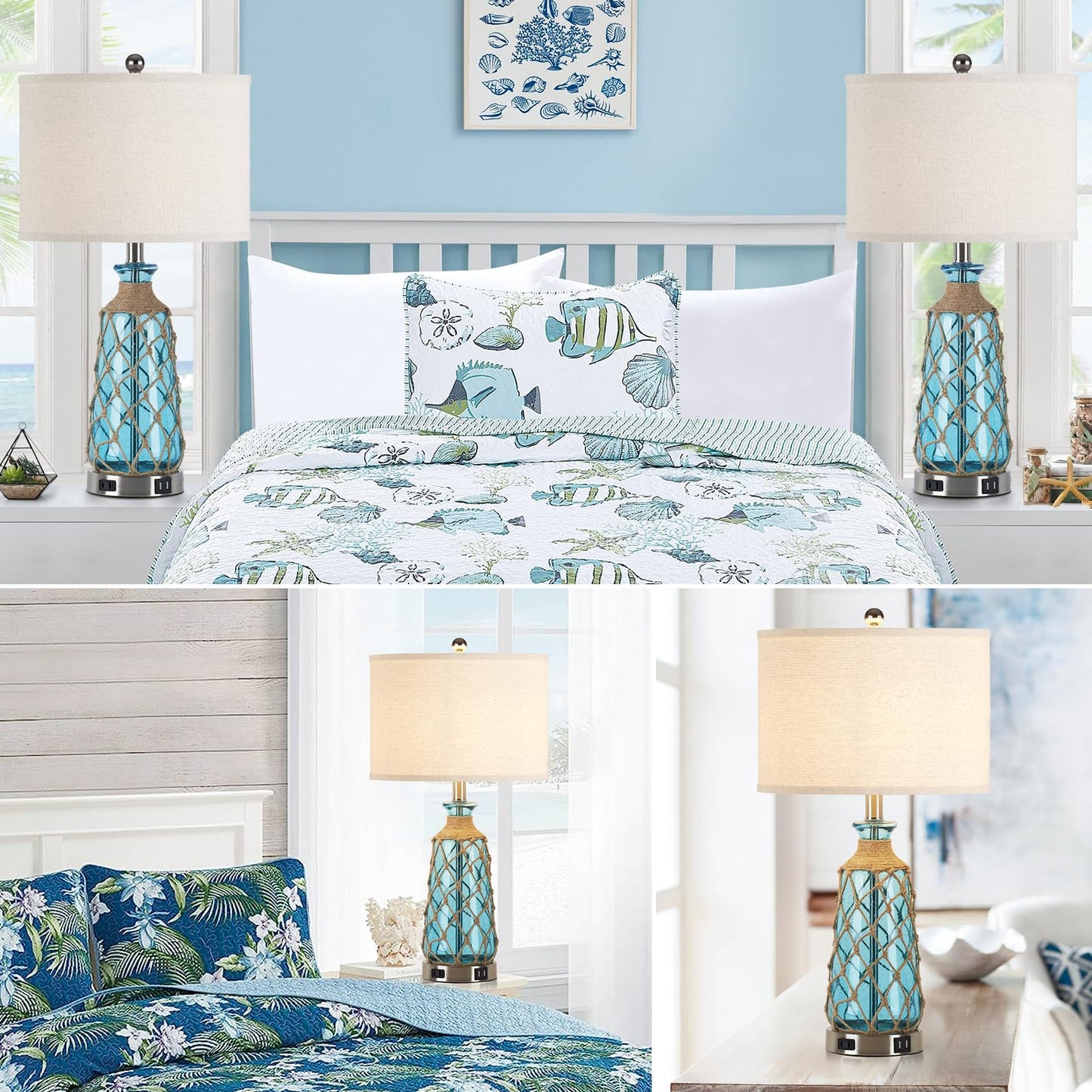 Ruzectt Coastal Glass Table Lamps, 3-Way Dimmable Touch Control Bedside Lamps with 2 USB Ports and AC Outlet, Teal Nautical Nightstand Lamps for Bedroom Living Room (LED Bulbs Included)