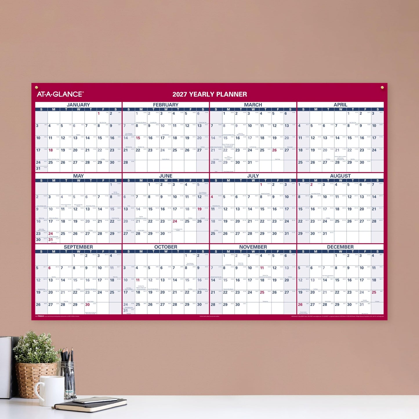 AT-A-GLANCE 2027 Erasable Calendar, Dry Erase Wall Planner, 48" x 32", Vertical-Horizontal, Reversible (PM3262827)