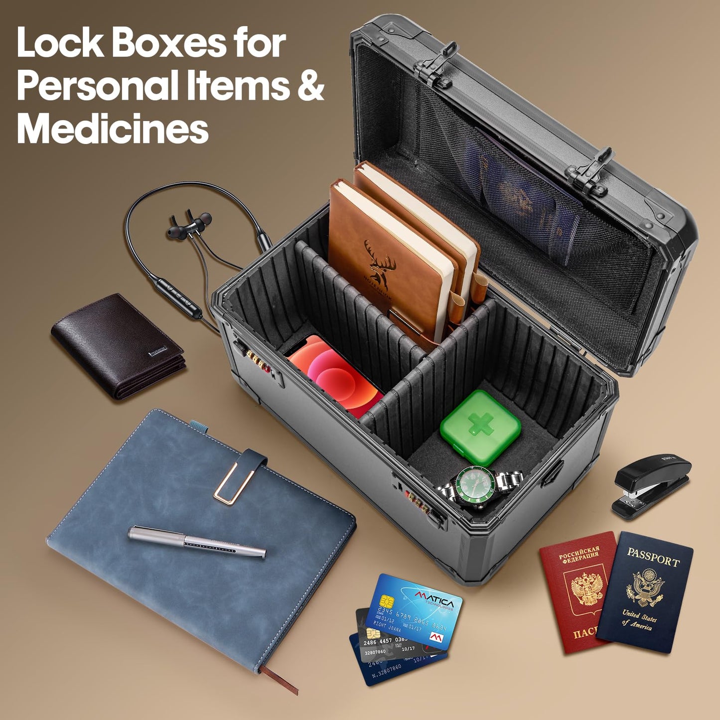 LOCKCURX Aluminum Alloy Lock Box with Code, Lockable Storage Box for Medicine, Cash, Phone & Valuables – Childproof, Portable & Durable – 12.2 x 7.8 x 6.8 Inch Black – Home, Office, School Use