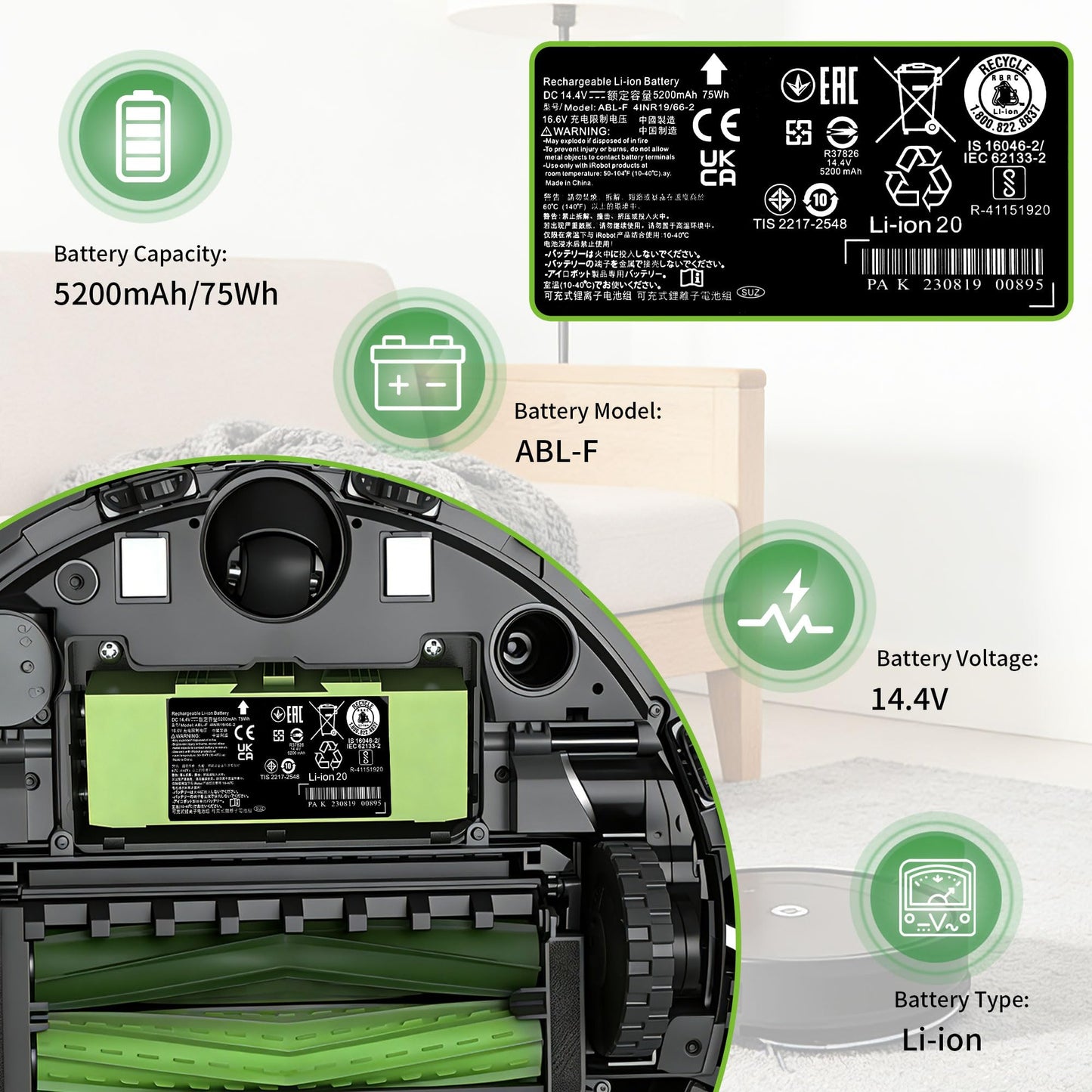 ABL-F 75Wh Replacement Li-ion Battery Compatible with iRobot Roomba j & i Series j7 j7+ j7plus i7 i7+ 7150 7550 j9 j9+ i8 i8+ i8550 / e Series e5 e5150 e5152 e5154 e5158 e6 e6198 i3 i3+ 3150 3158
