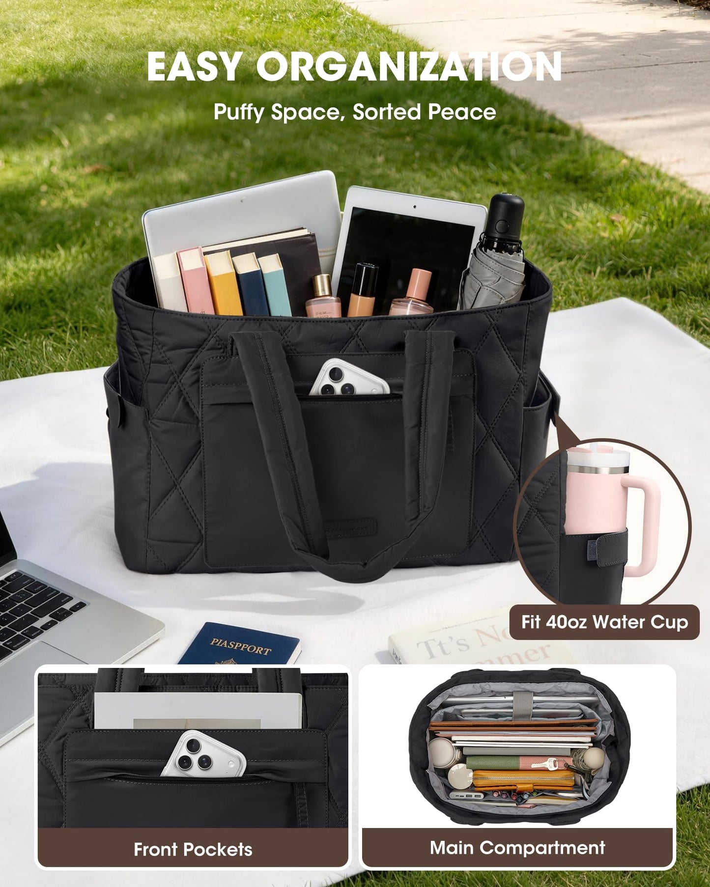 RAINSMORE Work Tote Bag for Women, 15.6 Inch Puffer Laptop Bag, Lightweight Quilted Travel Tote Bags for Teacher Nurse, Large Computer Handbag with 40oz Water Bottle &19 Pockets, Black