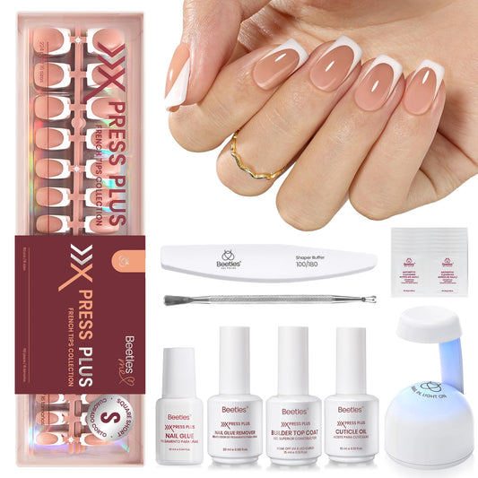 Beetles X Press Kit Gel Nail Kit, Short Square French Tip Press On Nails Kit with 224Pcs French Nail Tips Nail Glue & Remover Builder Top Coat Mini Nail Lamp All-in-One DIY Nail Kit Gift for Women