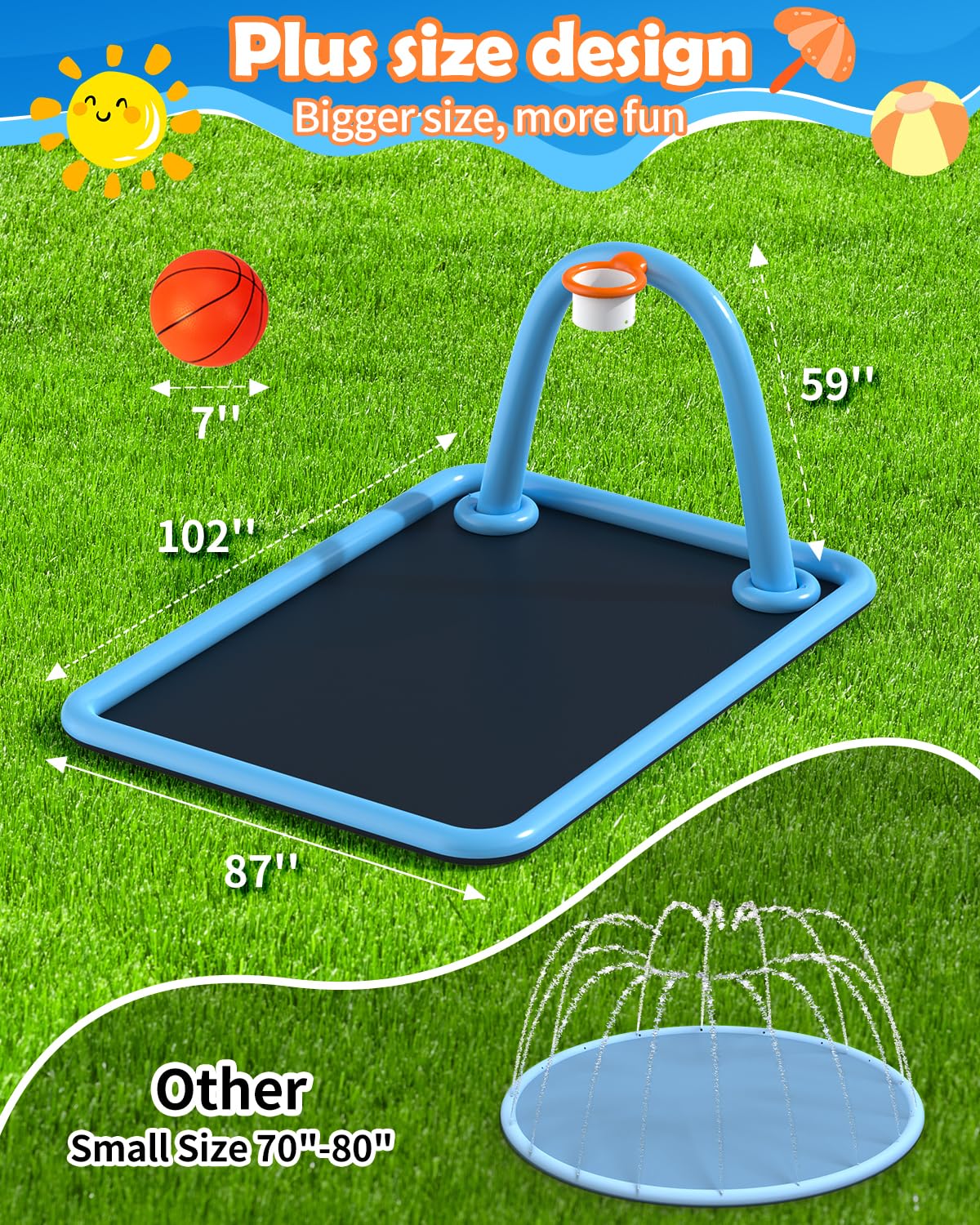 Octplay Splash Pad with Basketball Hoop - 102x87'' Large Sprinkler Pad for Kids & Dogs Pets | Thickened Non-Slip Splash Mat, Foldable Water Play Pool & Outdoor Summer Toys Ages 3+