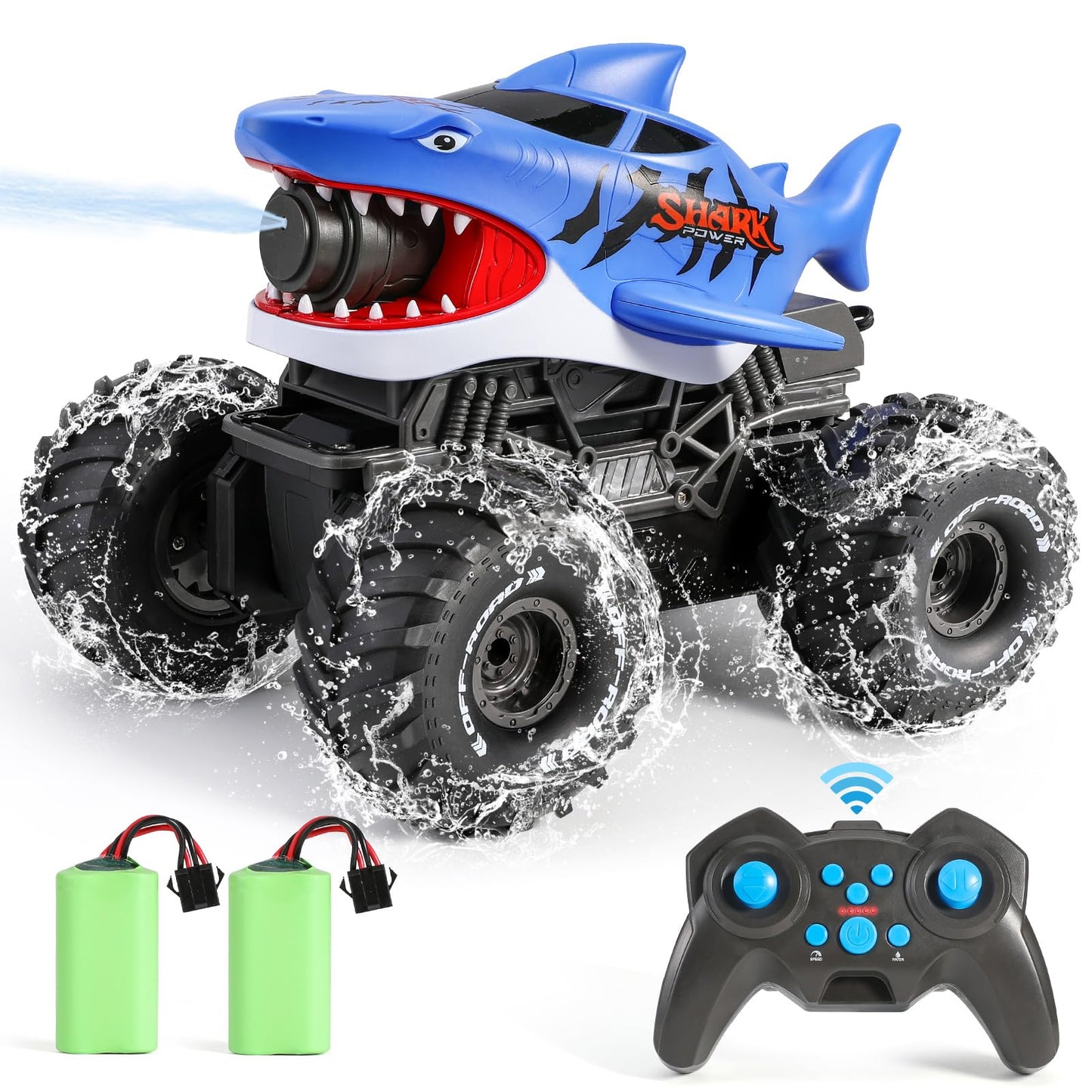 BOBXIN Amphibious Remote Control Shark Monster Truck with Water Squirt,4WD All-Terrain Off-Road 2.4Ghz Waterproof RC Stunt Car Pool Water Toys for Kids Age 6+