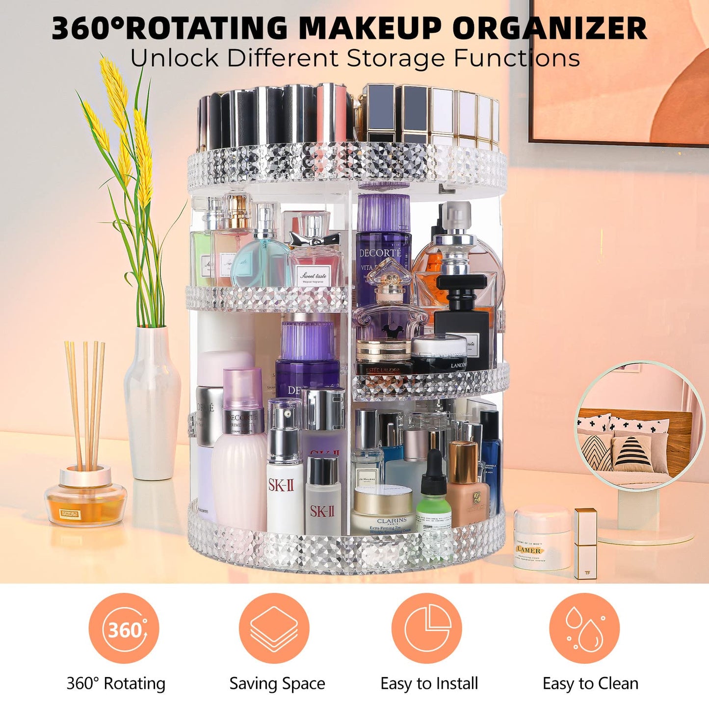 HEMTROY 360 Degree Rotating Makeup Organizer, Extra Large Capacity Perfume Organizer, Removable DIY 7 Layers Make up Organizer for vanity, Cosmetic Display Case Organizador De Maquillaje (Clear)