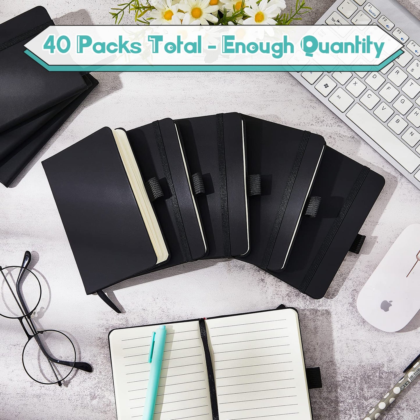 Laumoi 40 Pieces Small Notebooks A6 Pocket Journals 3.5 x 5.5 Inch Small Leather Notebook Mini Ruled Lined Journal with Elastic Band Pen Holder Page Marker Ribbons (Black)