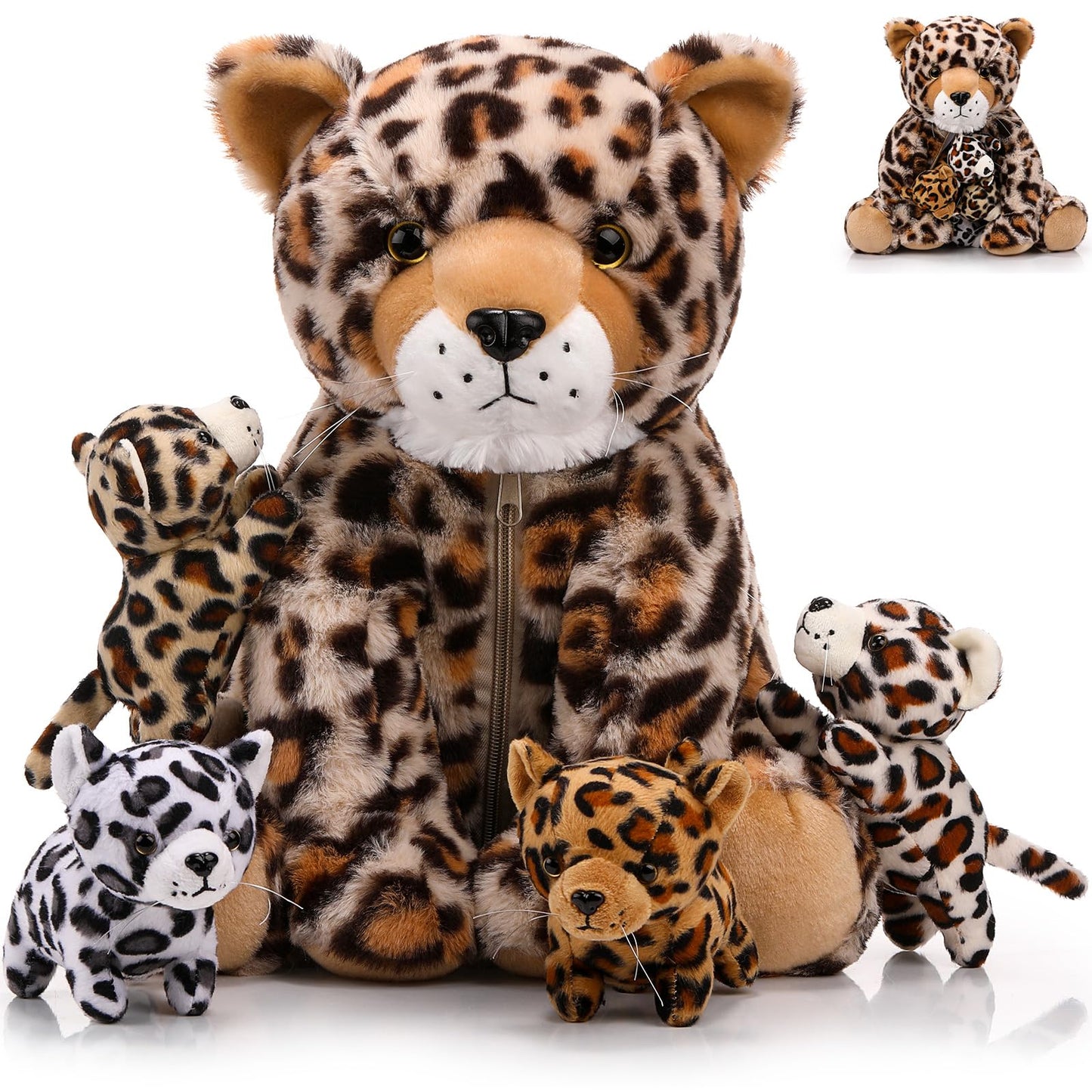 Silipull 5 Pcs Cheetah Stuffed Animals for Kids Large Mommy Cheetah Plush with 4 Baby Leopard Plush Toys in Tummy for Girls Boys Birthday Forest Party Decors(Sitting Style)