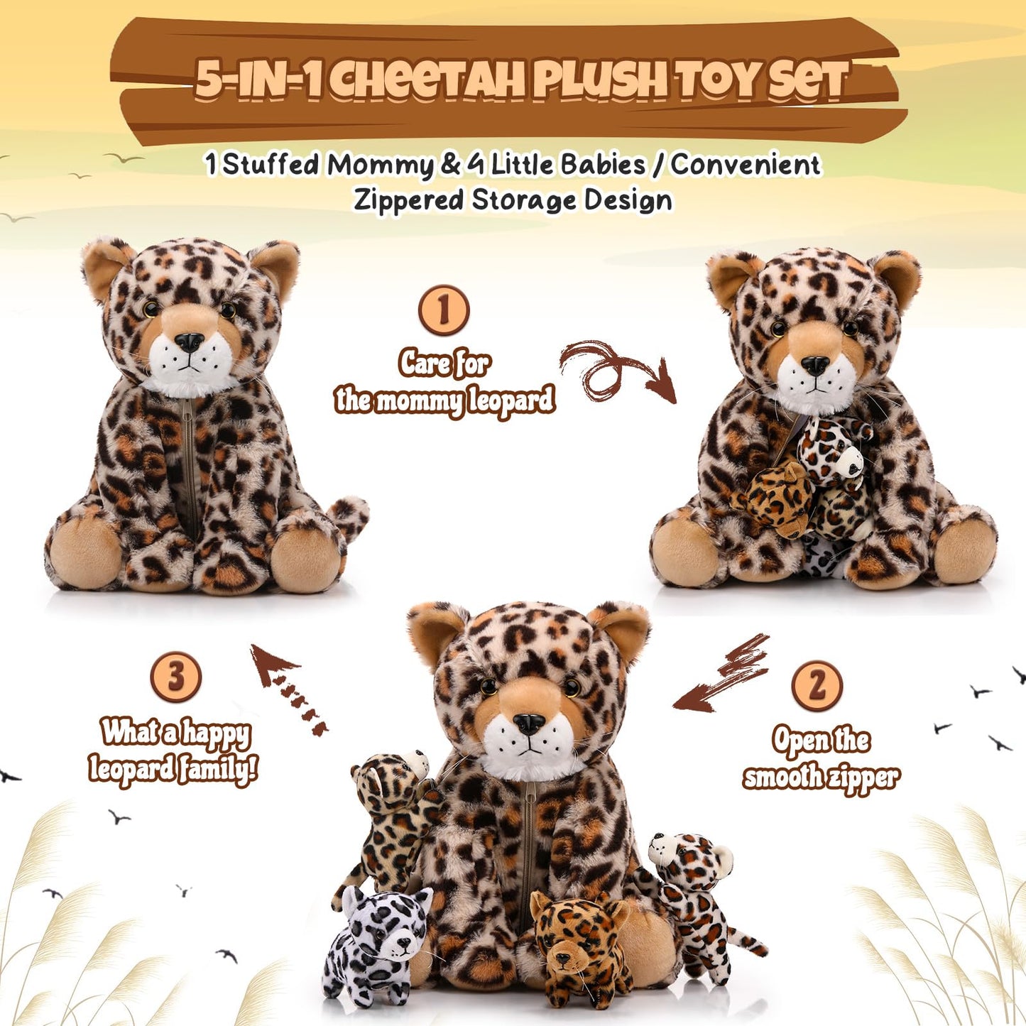 Silipull 5 Pcs Cheetah Stuffed Animals for Kids Large Mommy Cheetah Plush with 4 Baby Leopard Plush Toys in Tummy for Girls Boys Birthday Forest Party Decors(Sitting Style)