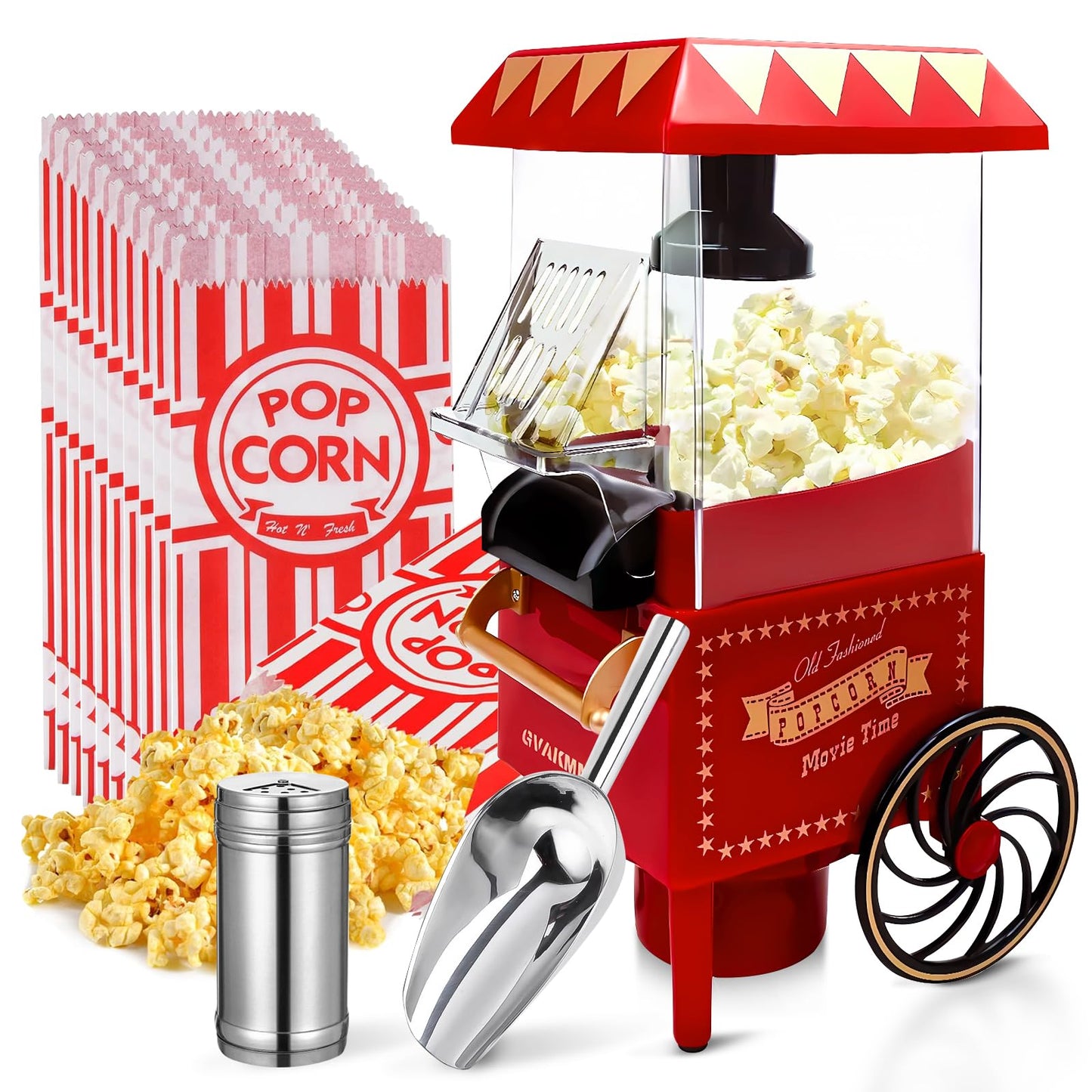 GVAKMM Popcorn Machine, Hot Air Popcorn Maker Kit Gift Box, Portable Home Popcorn Popper Machine, 10-Cup,Oil-Free,Retro Style,Compact and Cute