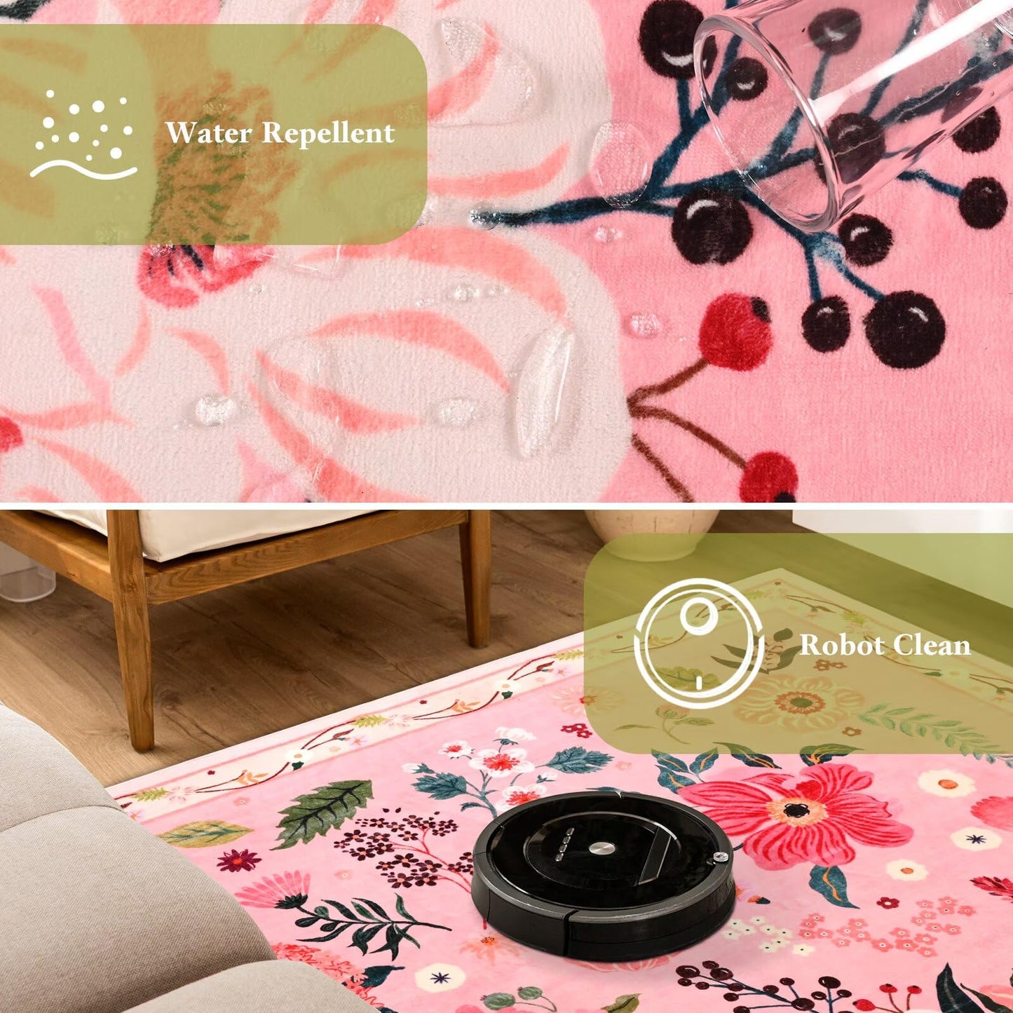 Macgace 5x7 Pink Floral Rug for Living Room, Machine Washable Area Rugs with Non Slip Backingfor Girls Bedroom, Cute Flowers Carpet Kitchen Dining Room Kids Playroom Decor