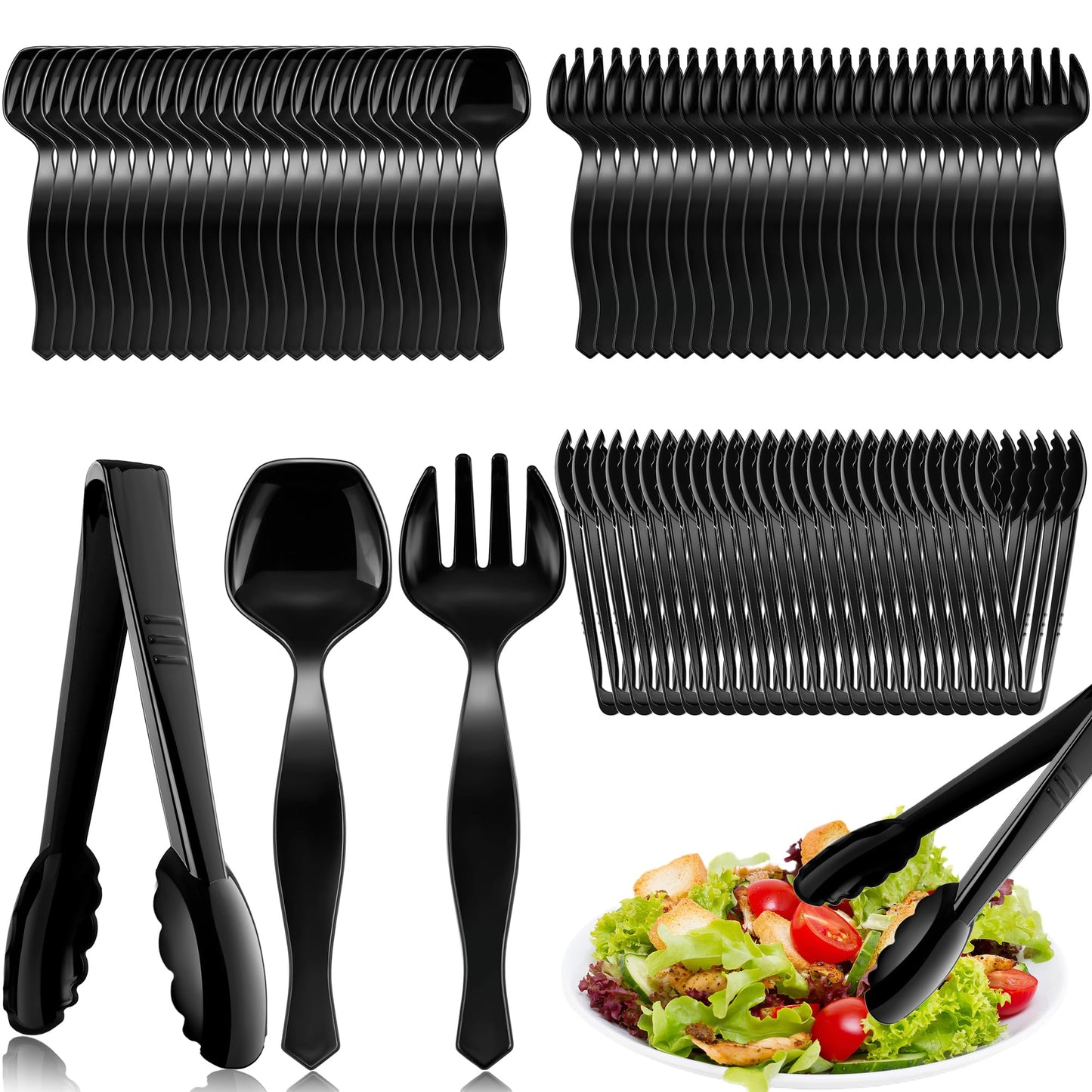Mwellewm 72Pcs Plastic Serving Utensils Set Large Disposable Serving Spoons Fork and Tongs for Serving Food 8.5'' Heavy Duty Black Party Utensil Supplies for Buffet Restaurant Picnic Dinner Salad Soup