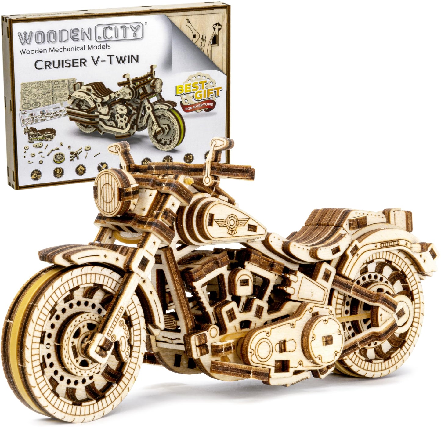 Wooden.City Motorbikes Cruiser V-Twin - 3D Wooden Model Kits for Adults to Build - Craft Model Building Kits for Adults, Men, Women & Teens 14+ - Wooden 3D Puzzles for Adults - 168 Pieces, 1:13 Scale
