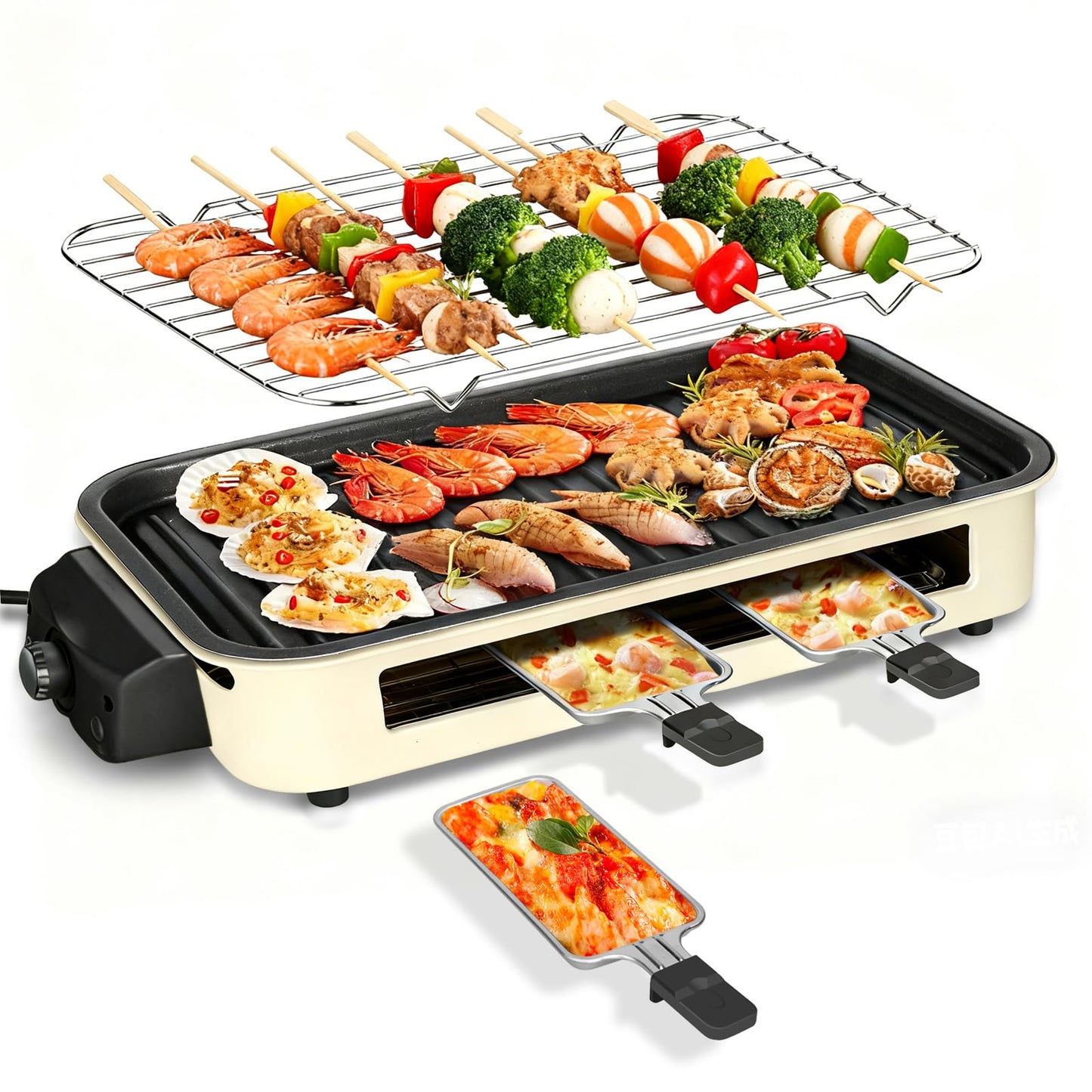 Electric Indoor Grill 1500W, YOHAWJAN 2 in 1 Smokeless Indoor Grills with Non-stick Removable Grill & Griddle Plate, Temperature Control, Portable Korean BBQ Grill with 3 Raclette Cheese Pans