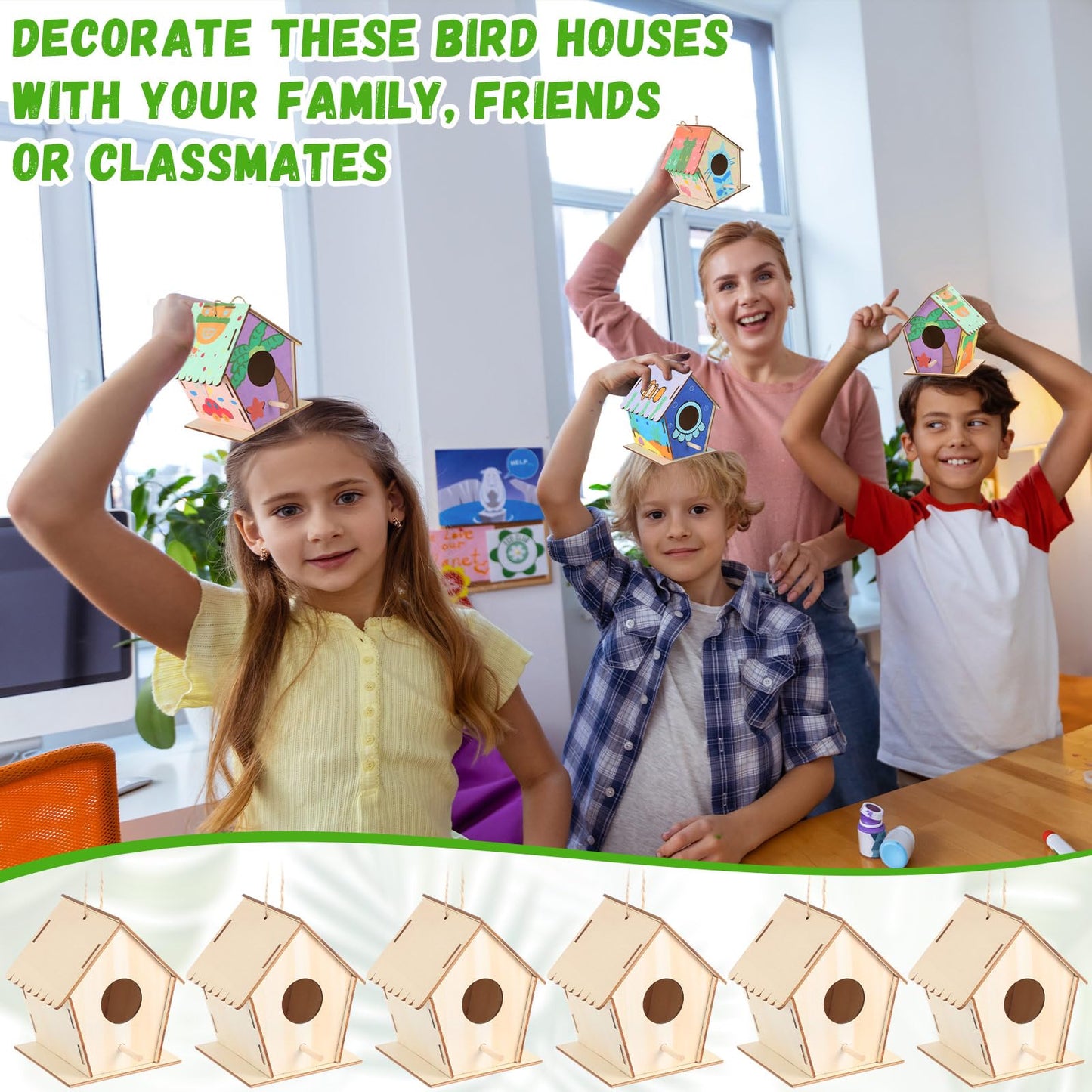 DoubleFill 4.3" Wooden Bird Houses Bulk for Kids DIY Kid Art Craft Outdoor Birdhouse Kit Unfinished Hanging Birdhouse for Children to Build Wooden Arts and Craft for Girls Boys (24 Pack)