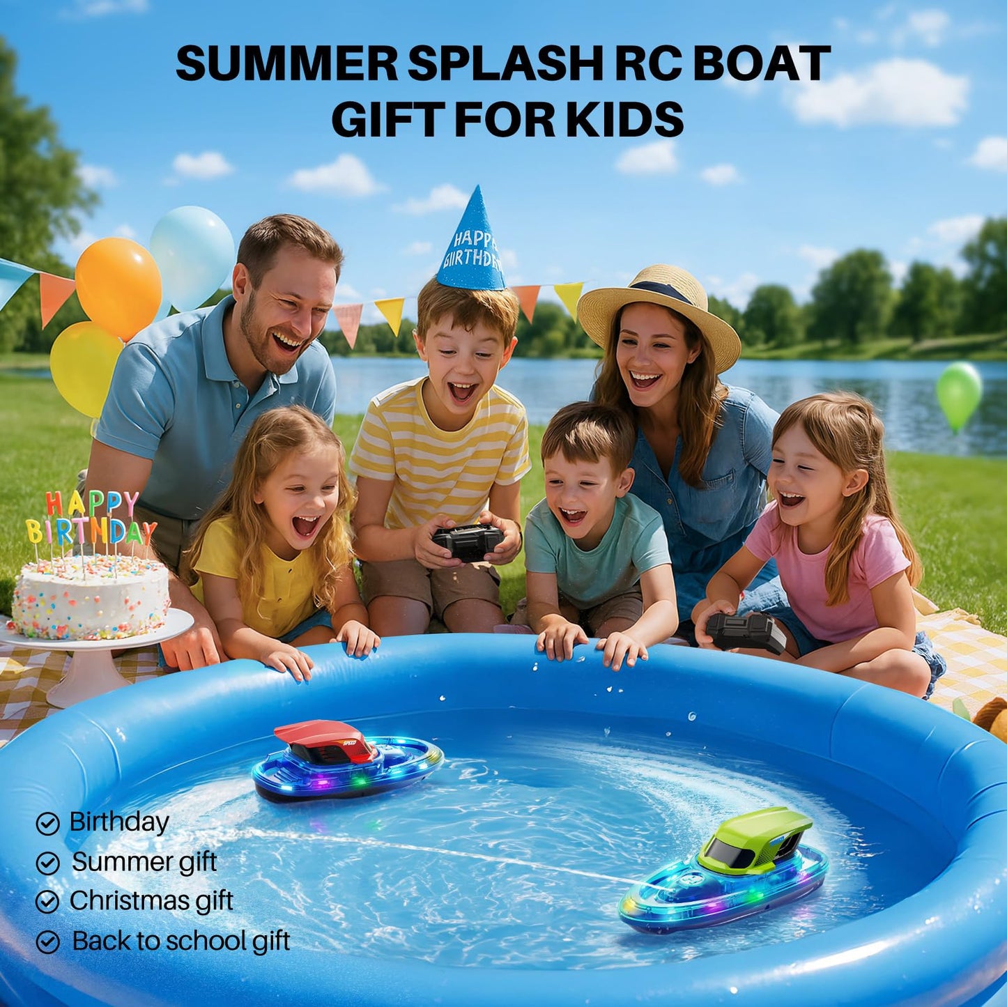 SYMA RC Boats 2 Pack for Kids 8-12, Remote Control Boat for Pool with LED Lights, 40 Mins Playtime (2 Batteries) & One-Key Water Spray, Summer Gifts Toys for Boys and Girls