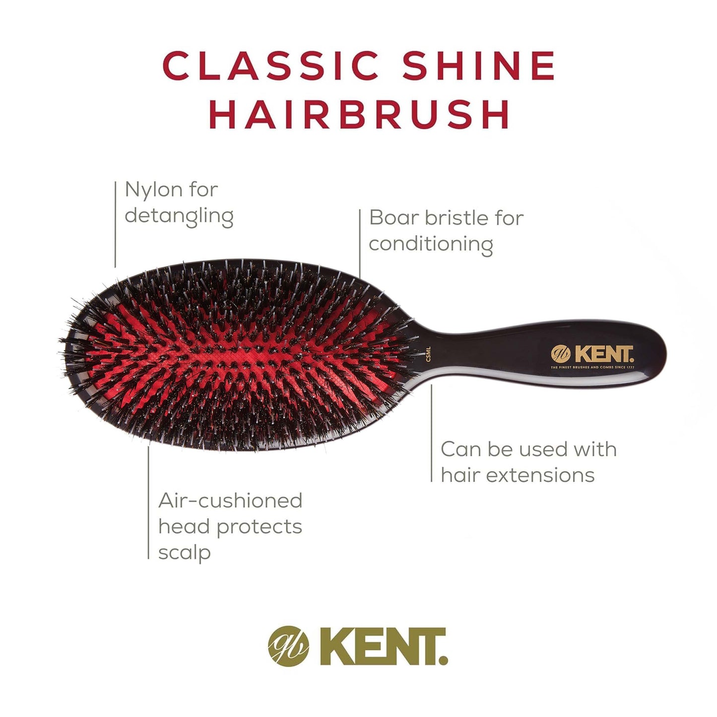 Kent CSML 9" Classic Shine Large Oval Cushion Straightening Brush - Natural Boar Bristle Hair Brush with Nylon Quills - Shine Hair Brush and Scalp Brush for Medium to Thick Hair (+ Hair Brush Cleaner)