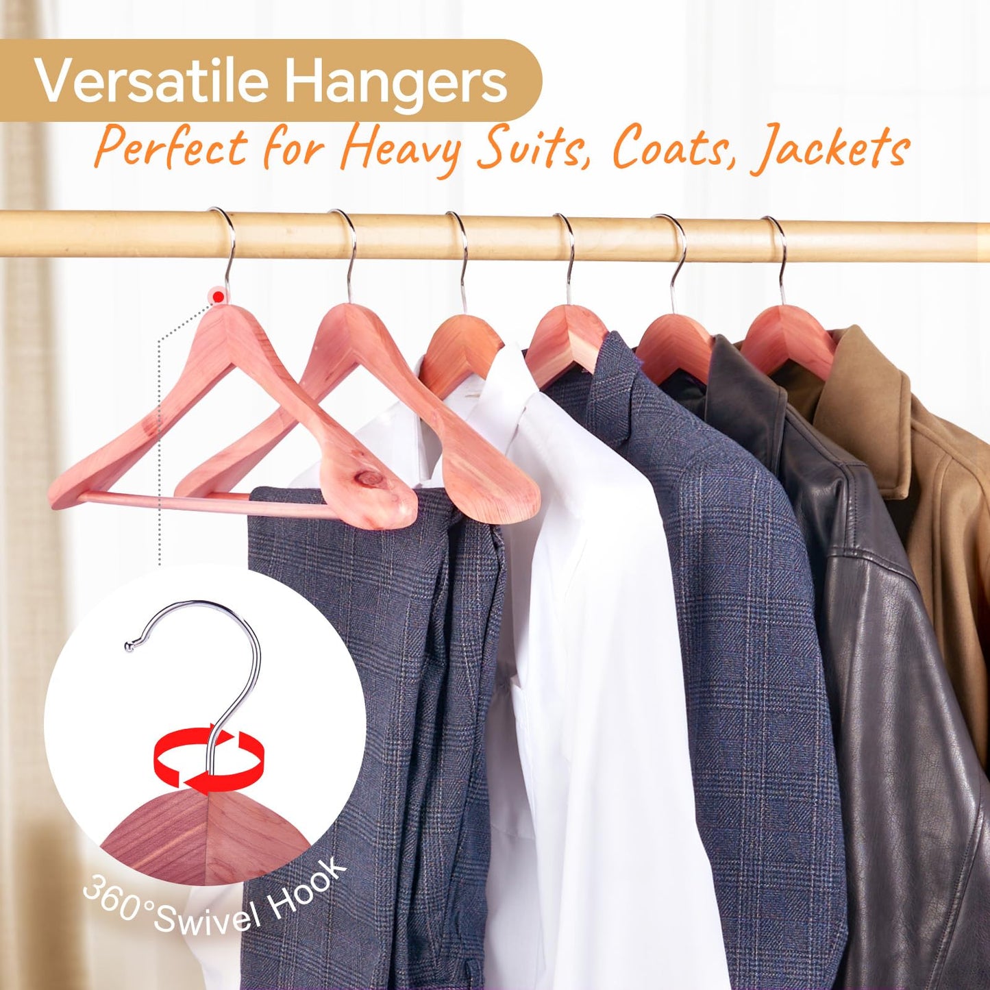 HOUSE DAY Wide Shoulder Cedar Hangers for Suits and Coats with Non Slip Pant Bar,360° Swivel Hook, Smooth Finish Cedar Wood Hangers for Closet, Closet Essentials, 10 Pack